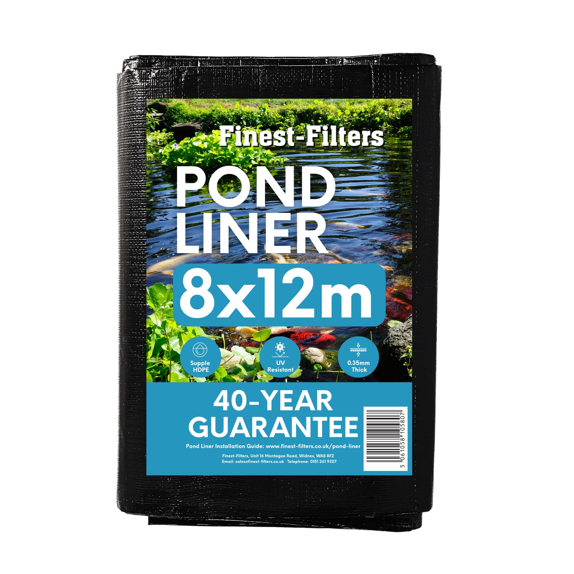 Finest-Filters 0.35mm HDPE Pond Liner & Underlay Options. 40-Yr Guarantee, UV & Tear-Resistant Waterproof Sheet for Garden & Koi Ponds (2x2m-9x12m) (8m x 12m, Pond Liner Only)