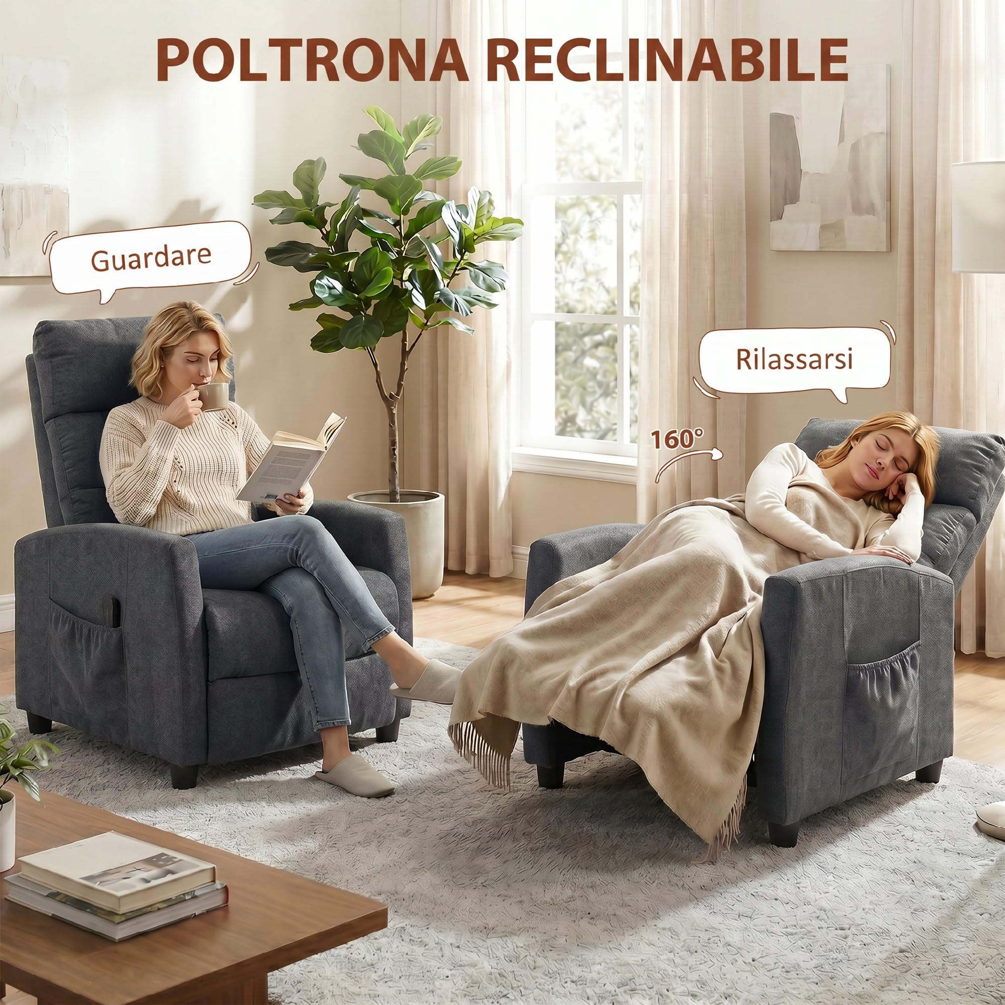 HOMCOM Poltrona Massaggiante Reclinabile Manuale 160°, 2 Punti di Massaggio e Poggiapiedi, Poltrona Relax Imbottita in Ciniglia, con Telecomando, Tasche Laterali, per Casa Ufficio, Grigio Scuro