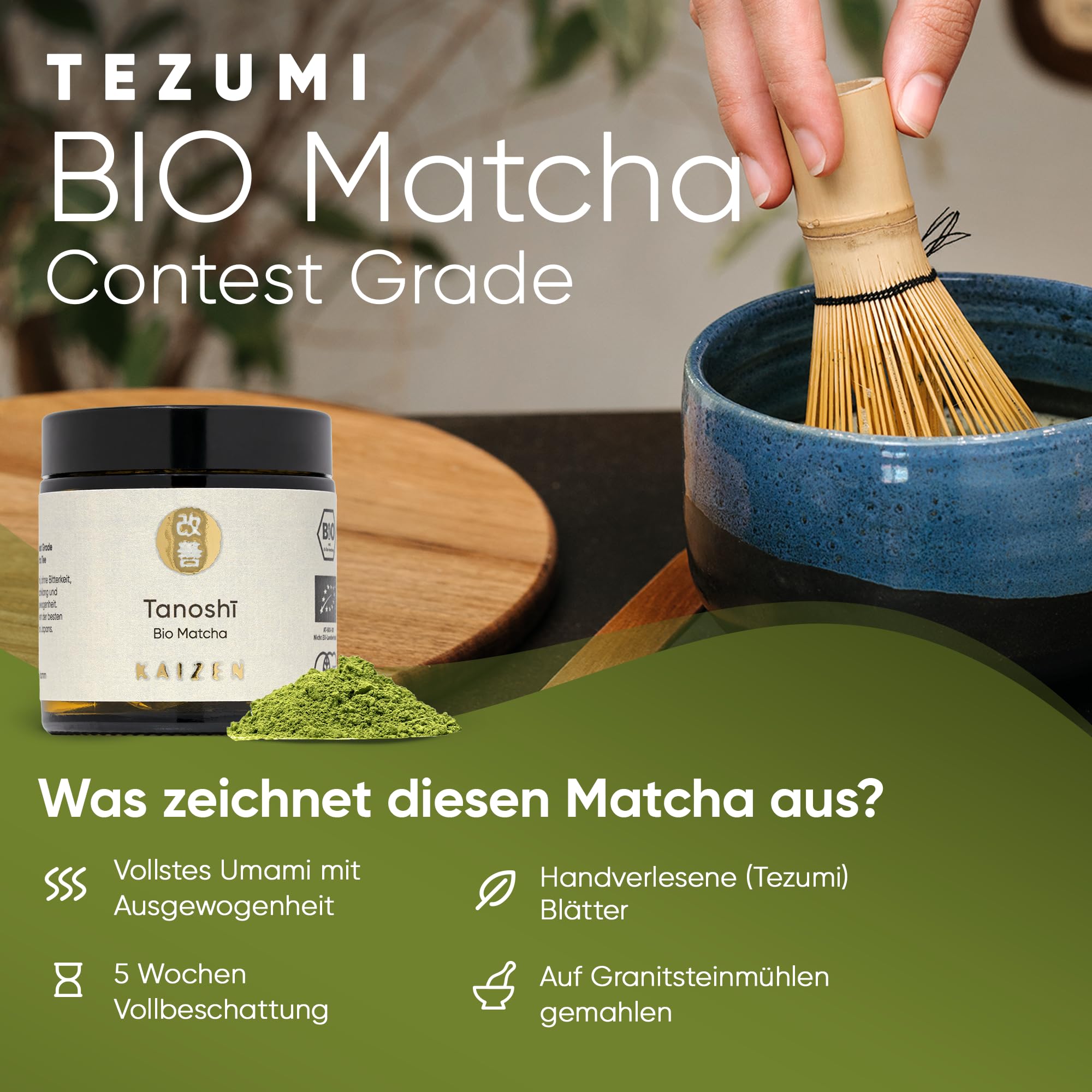 Kaizen - Bio Matcha-Tee "Tanoshī" - Tezumi Contest Grade - 35 Tage Tana-Beschattung - Direktimport aus der Präfektur Kagoshima/Japan - 30g Dose mit UV & Sauerstoffschutz