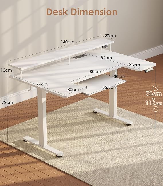 OffiGo Standing Desk, 140cm U Shaped Desk with LED Lights & Power Outlets | Electric Sit Stand Rising Table with Keyboard Tray, Height Adjustable Computer Desk with Monitor Stand for Home Office, White
