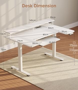 OffiGo Standing Desk, 140cm U Shaped Desk with LED Lights & Power Outlets | Electric Sit Stand Rising Table with Keyboard Tray, Height Adjustable Computer Desk with Monitor Stand for Home Office, White