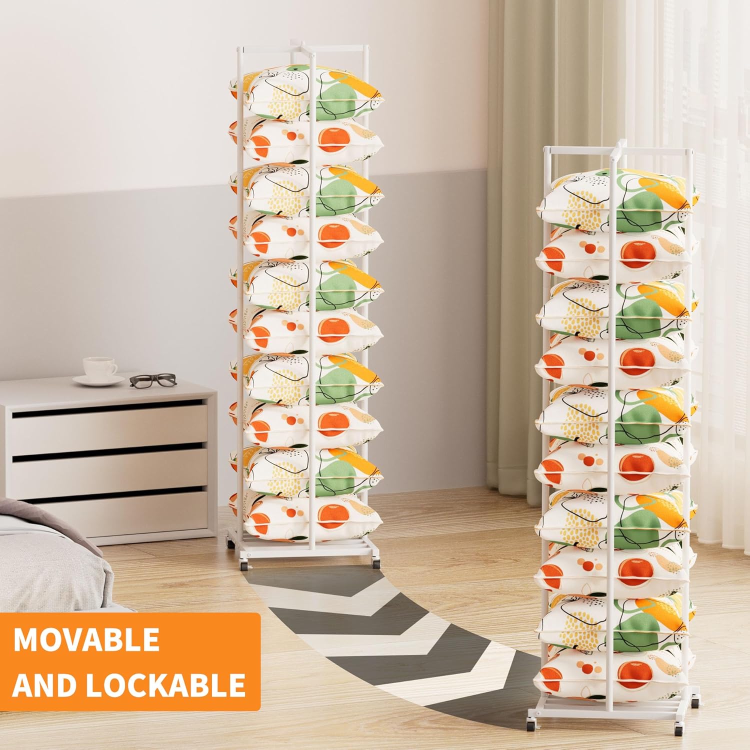 Rolling Pillow Storage Rack Organizer, Adjustable Pillow Display Rack, Metal Throw Pillow Storage Rack, Decorative Pillow Organizer Storage, Bed Pillow And Cushion Stand for Retail,Home,Hotel,School