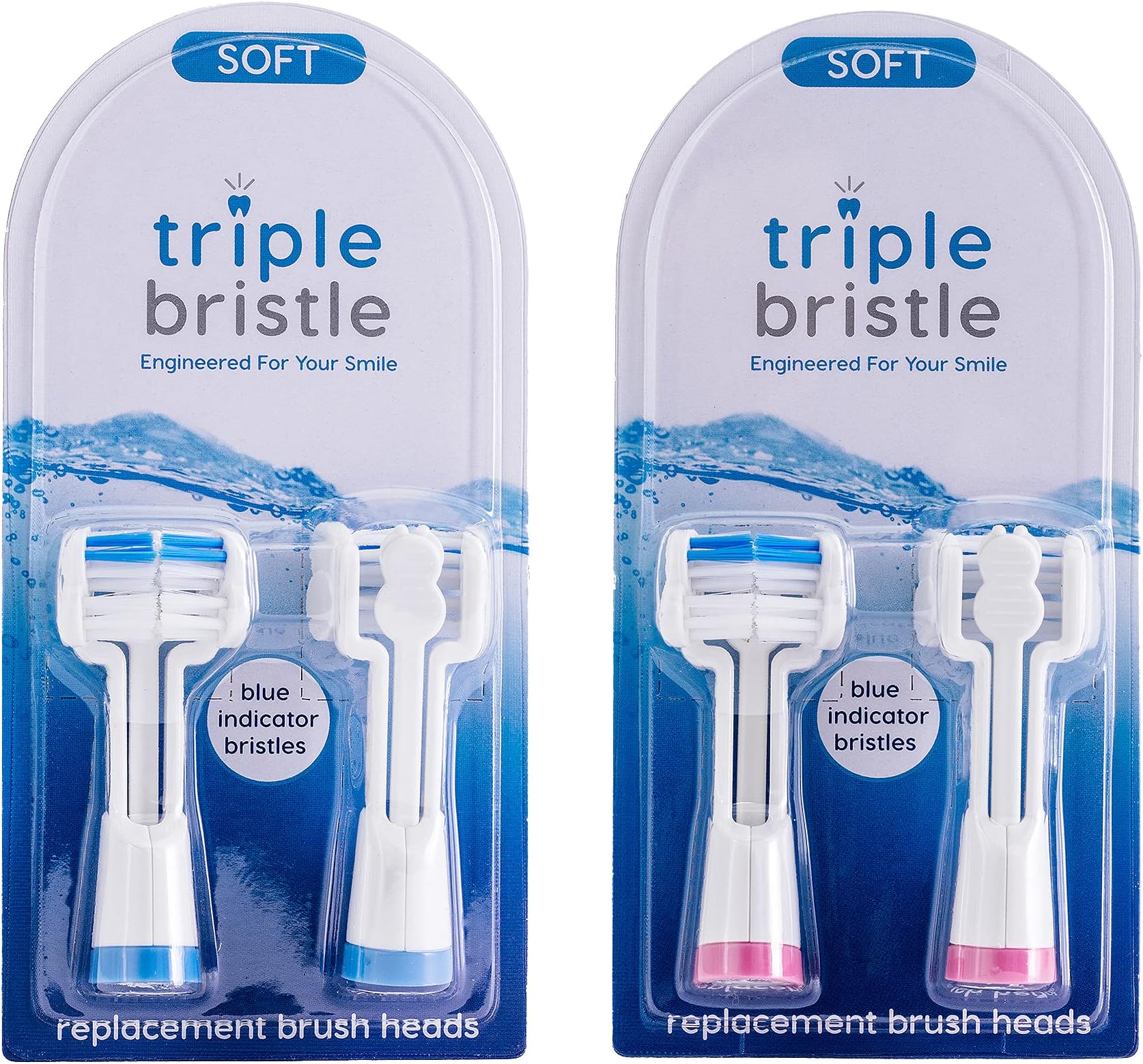 Triple Bristle Replacement Brush Head Refills | Innovative 3 Head Design | Compatible Brand Sonic Toothbrush | Color Changing Indicator Bristles | 4 Pack (2 Pink + 2 Blue)