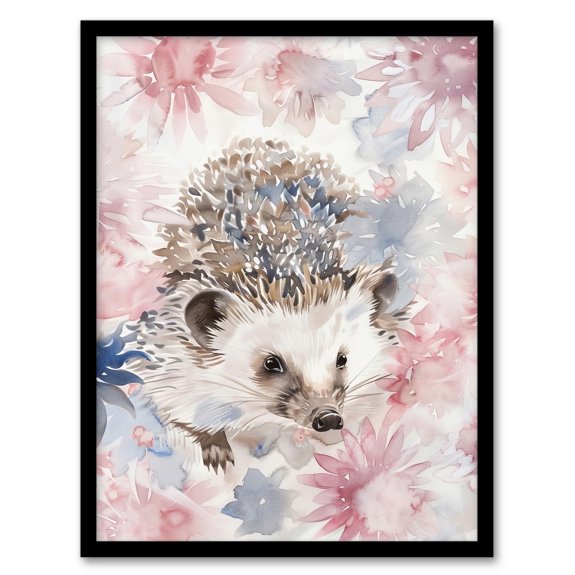 Artery8 Watercolour Hedgehog and Flowers Pink Pastel Living Room Artwork Framed Wall Art Print 18X24 Inch