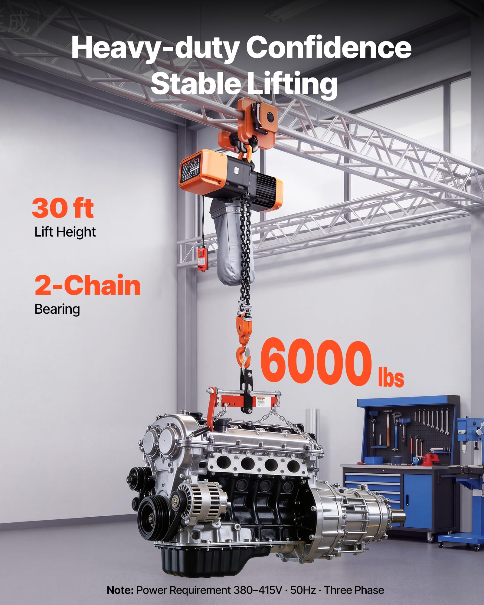 VEVOR Elektrischer Kettenzug 2721 kg 9,1 m Hubhöhe Dreiphasig G100-Doppelkette Notstopp