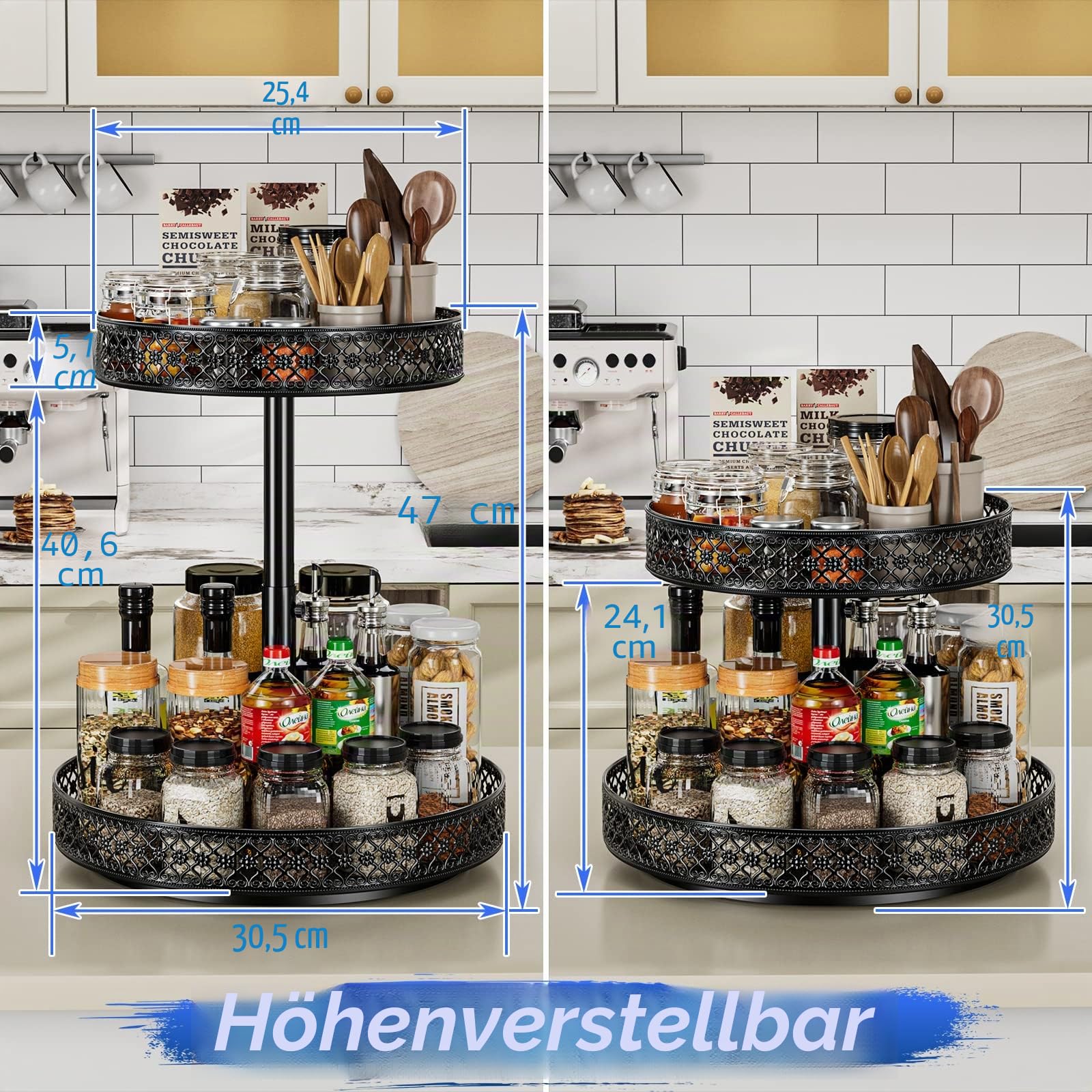 Ovicar Lazy Susan Organizer mit 2 Etagen, Drehteller, Gewürzregal, 30,5 cm, verstellbar, Metall, drehbar, Lazy Susan für Schrank, Speisekammer, Küche, Arbeitsplatte, Esstisch, Schrank, Badezimmer,