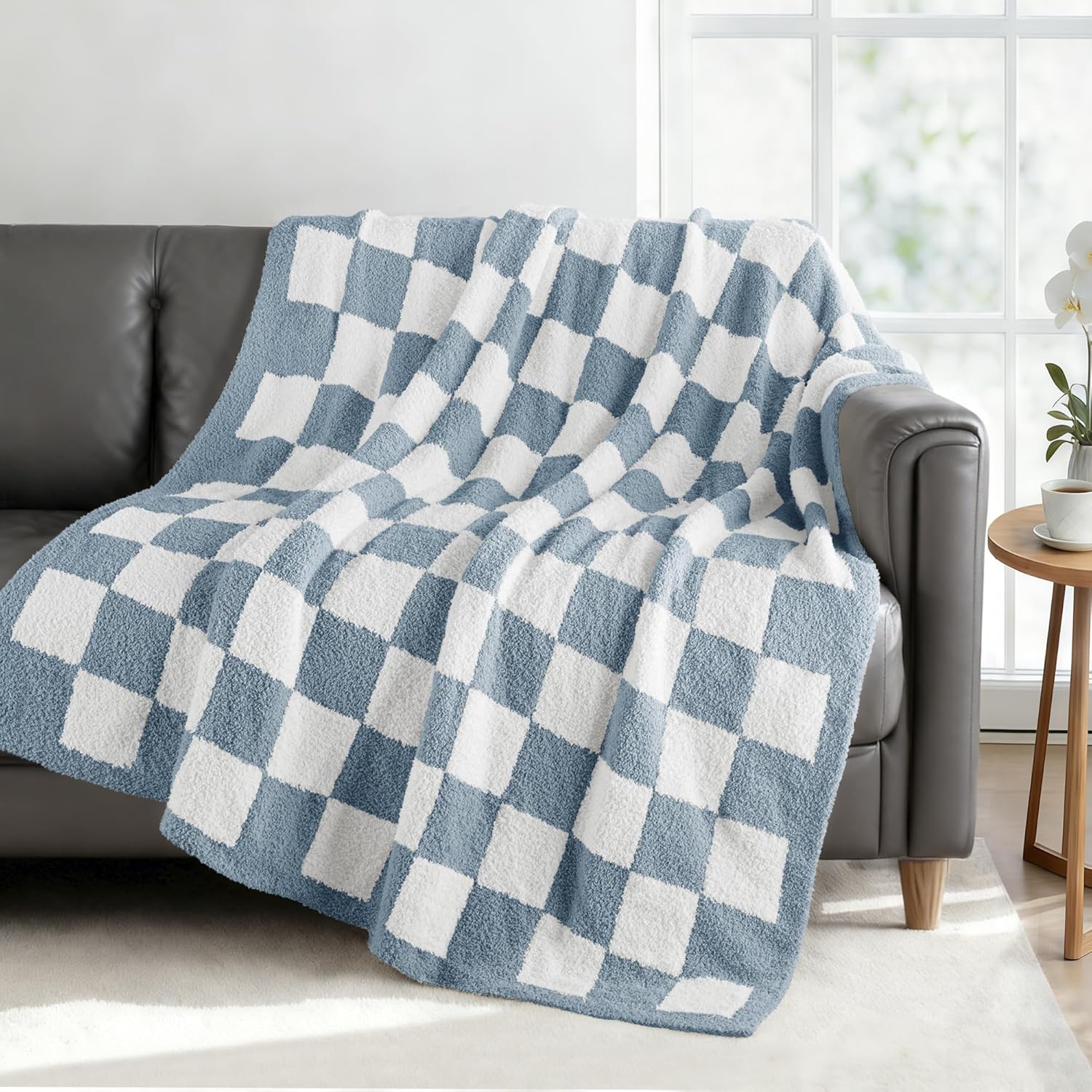 Exclusivo Mezcla Checkered Knit Throw Blanket, Ultra Soft and Warm Reversible Woven Blankets, Cozy Snuggly Throw for Couch Bed and Home Decor, Stone Blue, 50"x60"