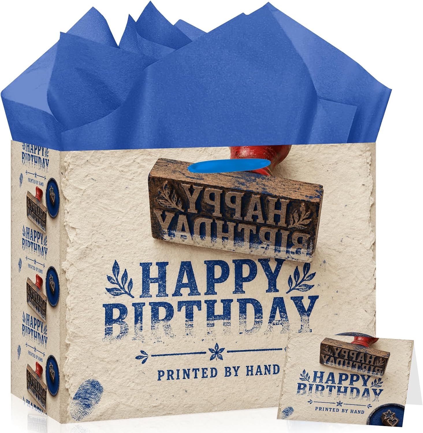 Hkshaoda Vintage Happy Birthday Gift Bag for Men Women with Greeting Card Tissue Paper Retro Rubber Stamp Present Wrap Kit, Large Rustic Packaging Supplies for Dad Mom Coworker Friend Classic Party