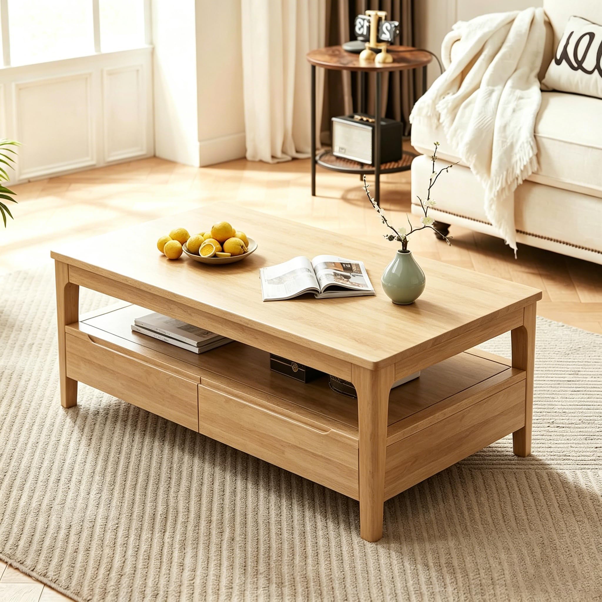 Mesa de Centro Rectangular de Madera Maciza con 4 Cajones y Estante de 2 Niveles – Gran Almacenaje para Salón, Oficina, Apartamento – Estilo Campestre, Madera Natural (100x50x45cm)
