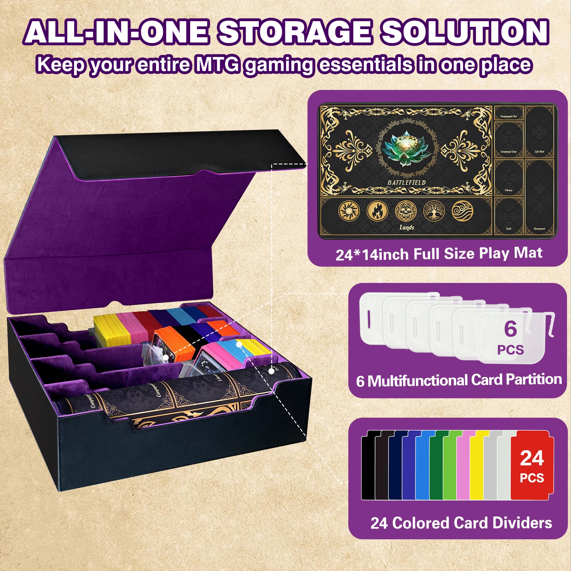 PROMAXIBINDER Trading Card Storage Box Fits 4000+ Cards, 4-Row MTG Commander Deck Case with Playmat, 6 Movable Partitions 24 Dividers PU Leather Magnetic Closure, Magic/TCG/YuGiOh/Sport (Black&Purple)