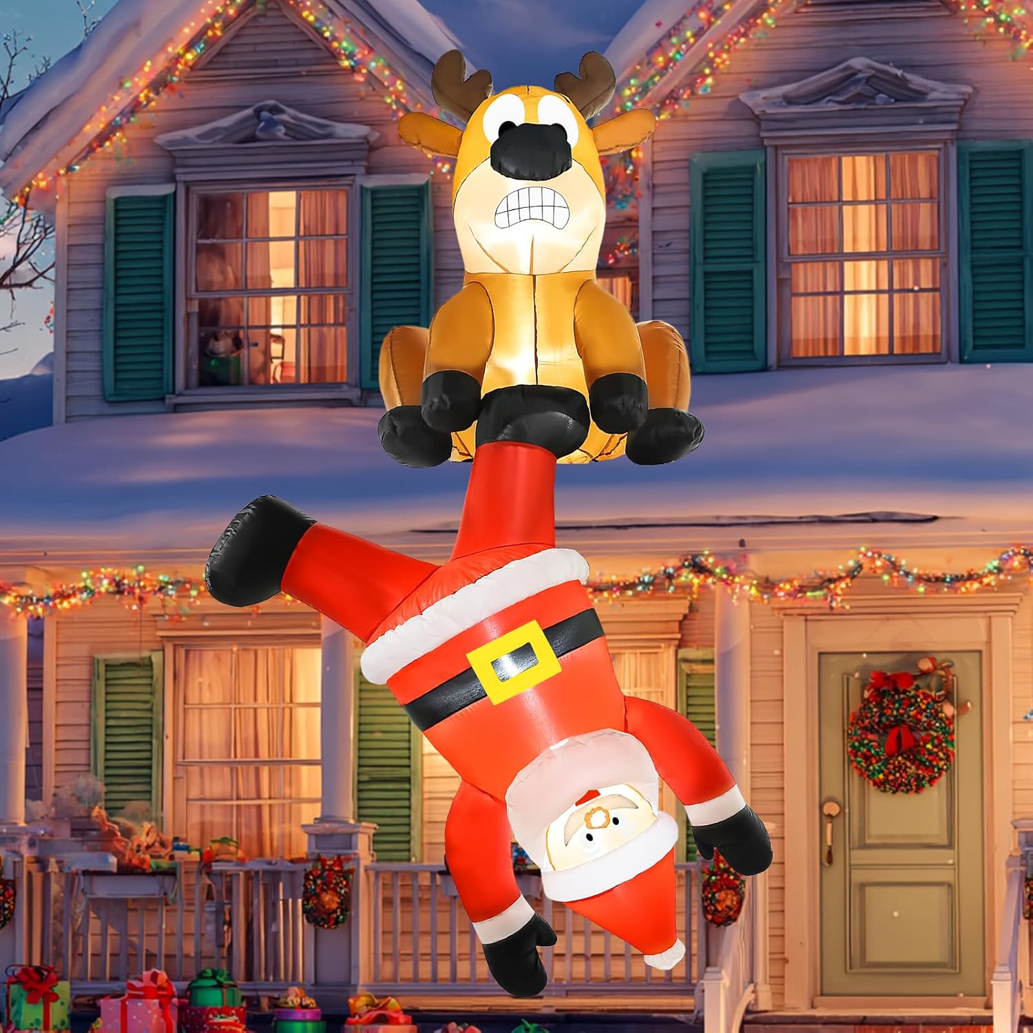 Christmas Inflatable Roof Outdoor Decorations, 8FT Inflatables Reindeer & Climbing Santa, LED Lights Blow up Holiday Hanging Decor for Window Indoor Rooftop Outside Balcony Garden Restaurant Café