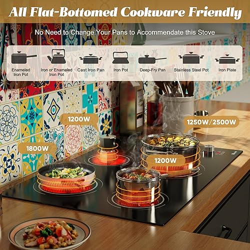 Miniatura 4 de Estufa eléctrica de 30 pulgadas, 4 quemadores, estufa de cerámica integrada de 6700 W, encimera eléctrica de vidrio de 30 pulgadas con temporizador,