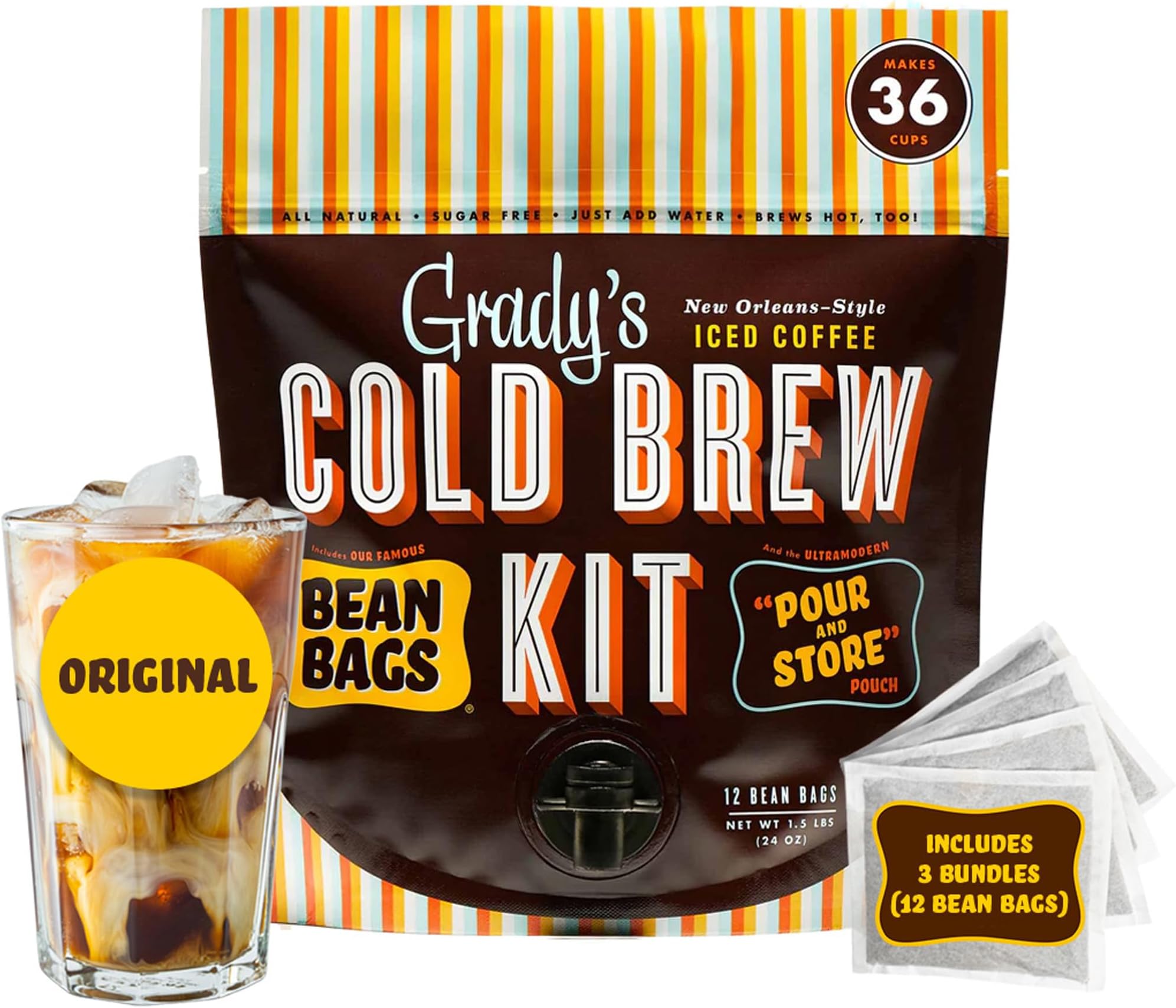 GRADY’S COLD BREW, New Orleans Style, 100% Arabica Ground Coffee & Chicory Pouches, All-in-One Cold Brew Kit with 12 Easy-to-Brew Beans Bags, Makes 36 drinks