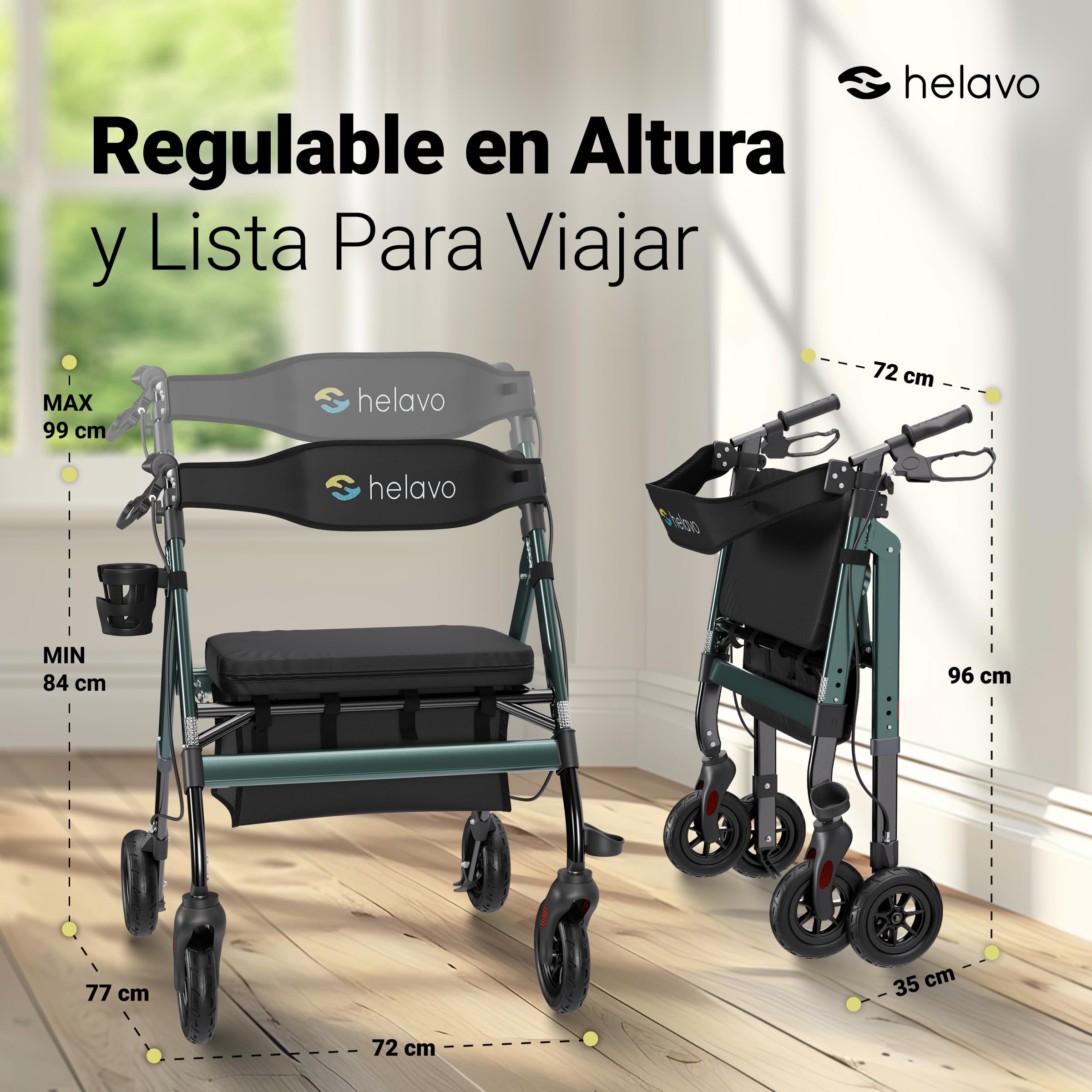 Helavo andador resistente con ruedas de caucho antipinchazos para exteriores - Andador amplio extra de aluminio con asiento espacioso y ajustable en altura - Soporta hasta 226 kg
