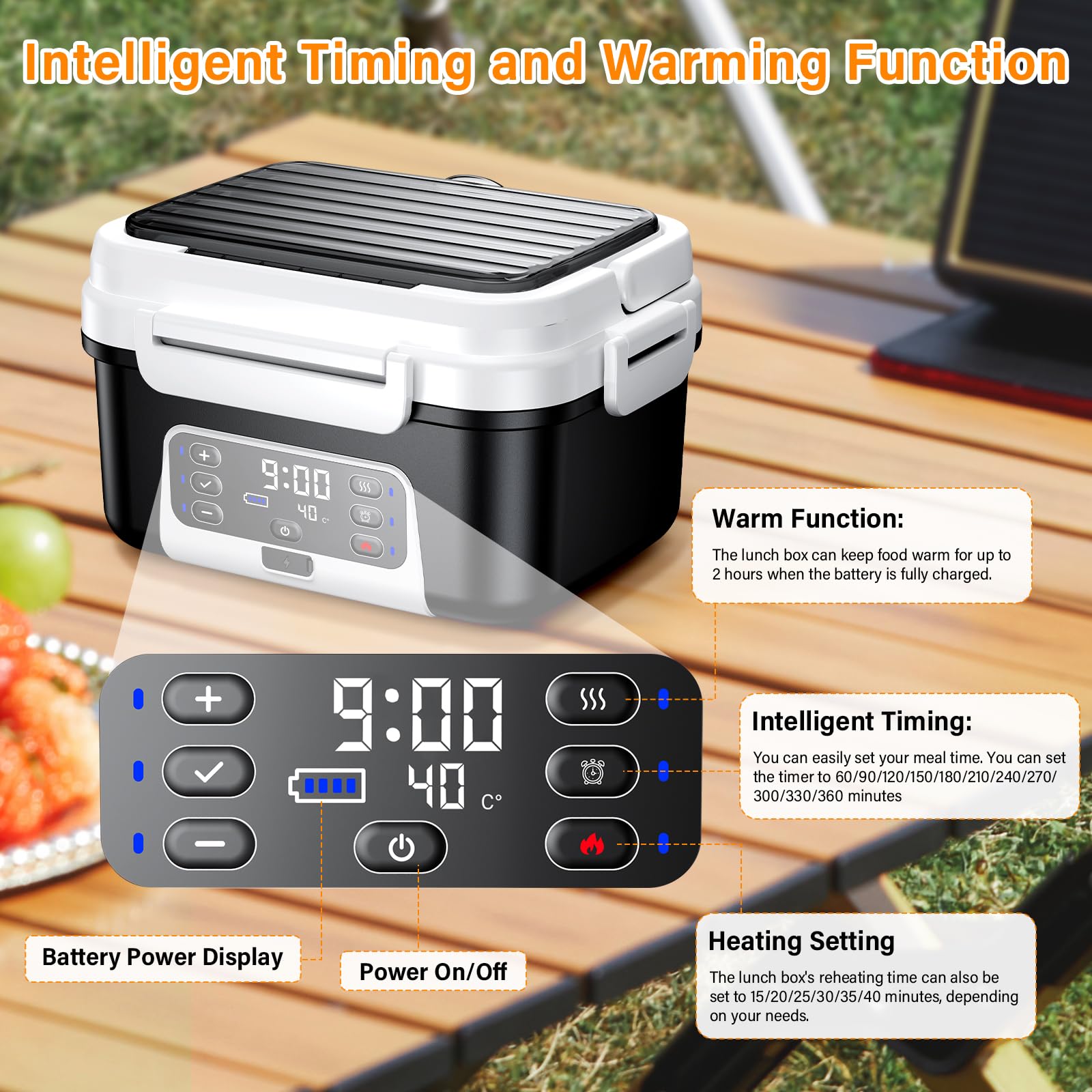 Scaldavivande Elettrico Portatile, 1.5L Porta Pranzo Riscaldabile con Timer, Per Ufficio, Cantiere, Viaggio, Auto, Scaldavivande a Batteria Ricaricabile | Heated Lunch Box