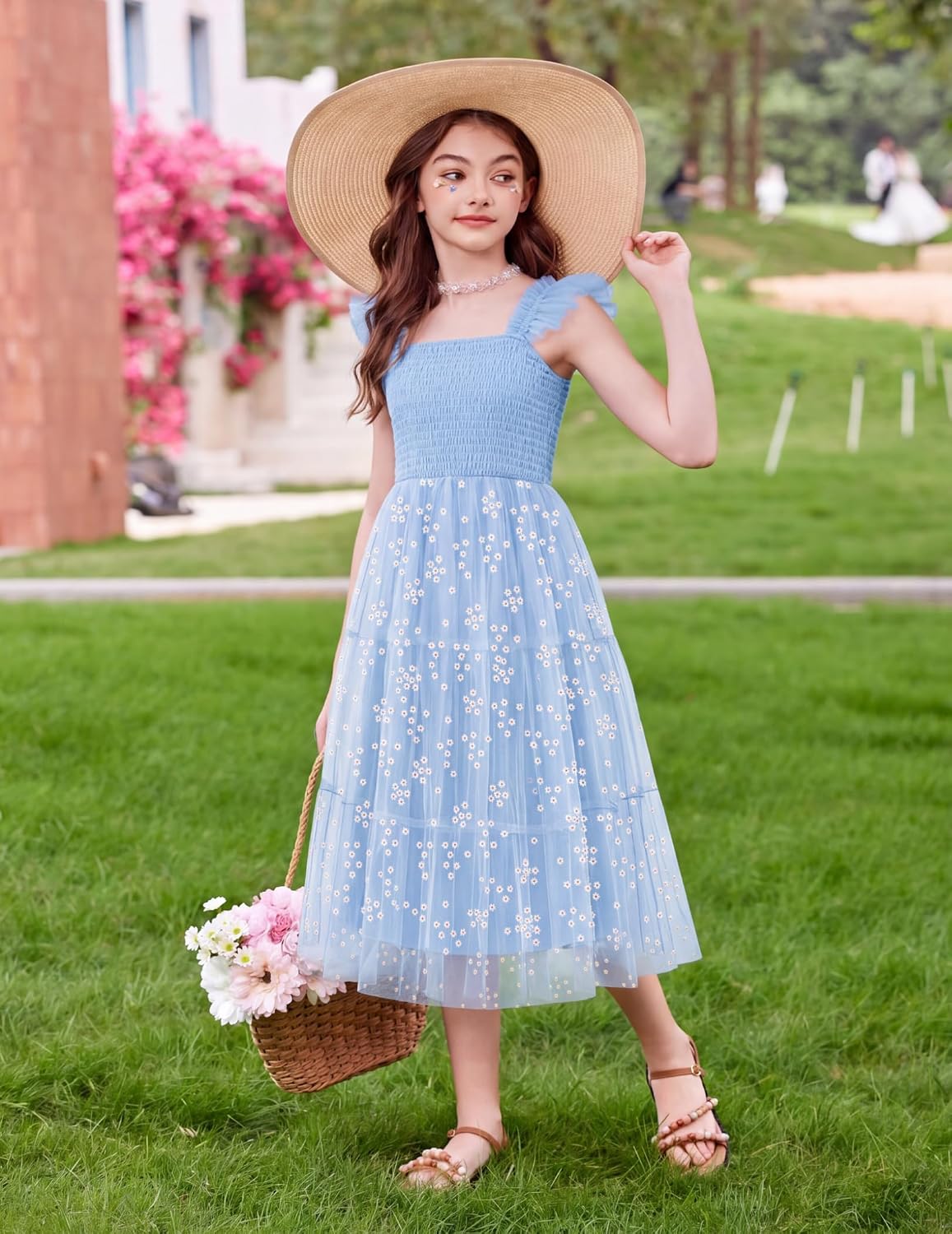 Arshiner Girls Dresses Ruffle Sleeve Elastic Straps A-Line Tulle Sundress image 3