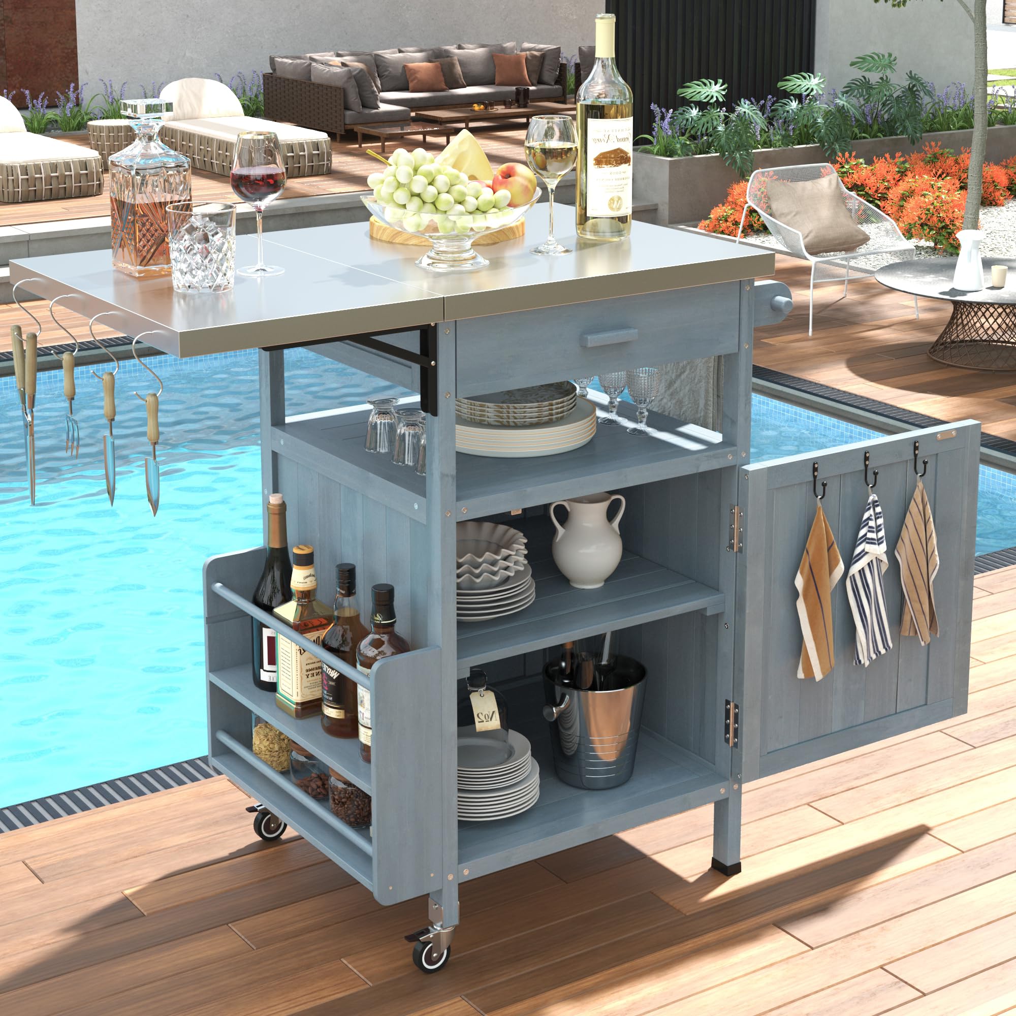 MINXIN 40.5" Outdoor Grill Cart with Stainless Steel Top, Solid Wood Outdoor Storage Cabinet with Drop Leaf, One Drawer, Towel Rack, Rolling Kitchen