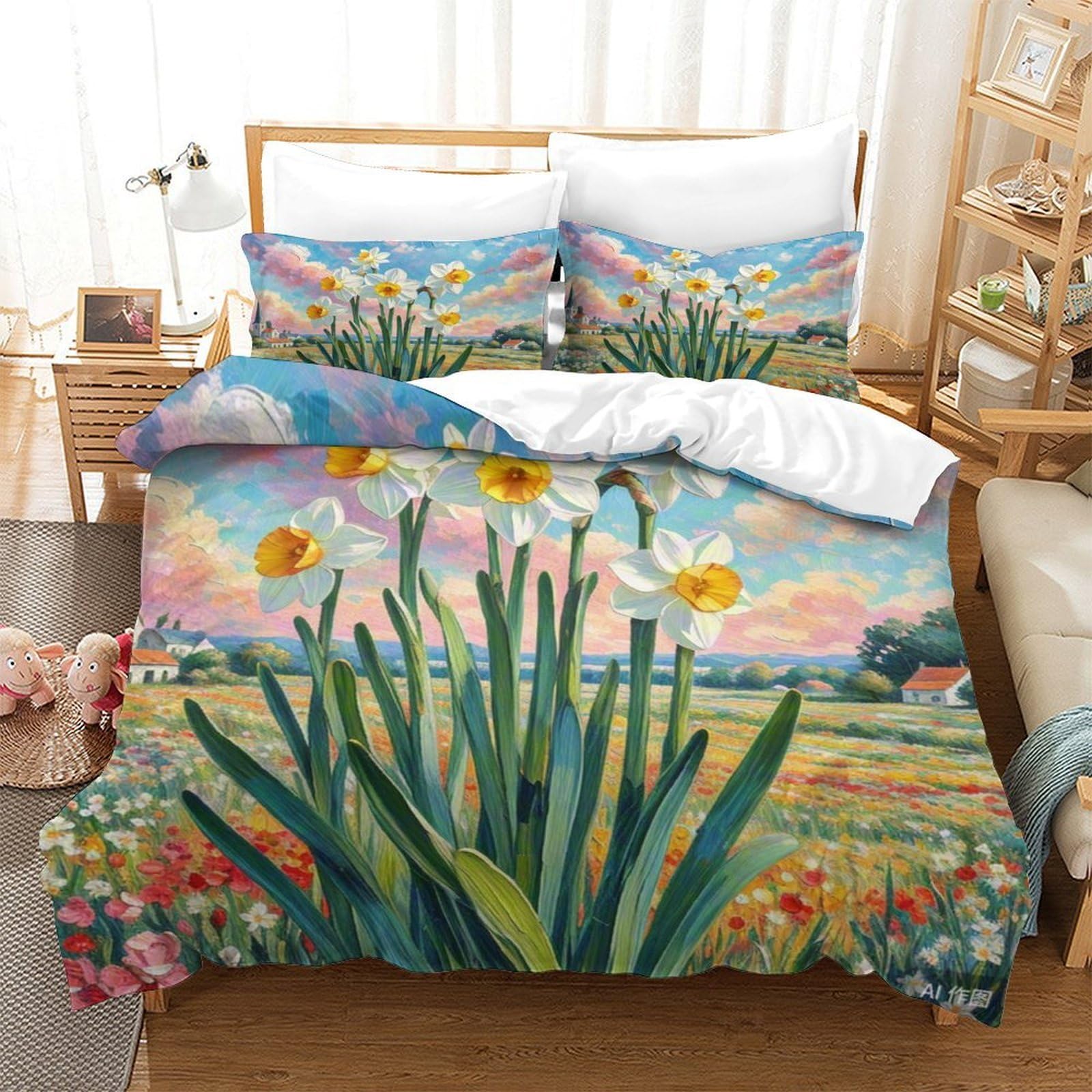 Housse de couette 140x200 parure de lit Narcisse 3D microfibre douce pour enfants adolescents