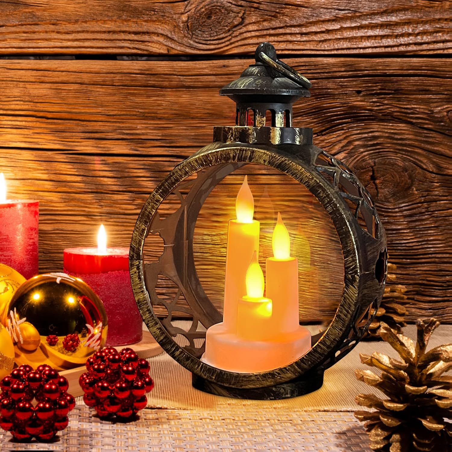 YEKOO Decorative Lantern with Flickering LED Candle Light, Retro Style Christmas Lanterns for Indoor and Outdoor, Christians Church Lantern for Home Decoration, Large, Bronze