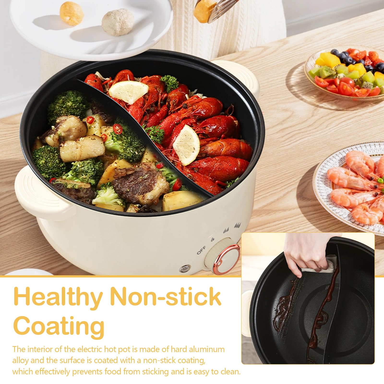 Hot Pot, Olla eléctrica de 4 L con compartimentos Antiadherente Crockpot de 1000 W con 3 Ajustes de Potencia para Cocinar Guisos Hacer Sopa Cocinar Fideos Freír Filetes y Saltear Verduras