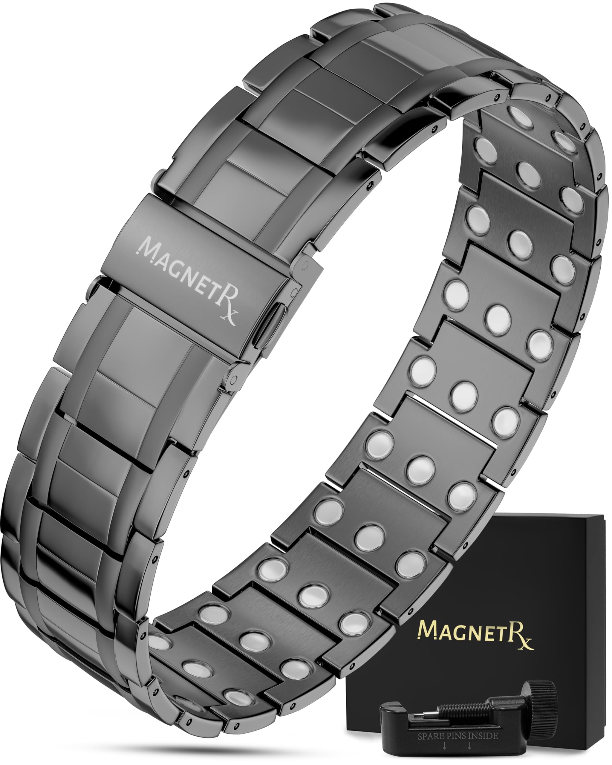 - MagnetRX® 3X Strength Magnetic Bracelets for Men – Effective Magnetic Mens Titanium Bracelet – Premium Fold–over Clasp & Adjustable Length with Sizing Tool & Gift Box (Gunmetal)