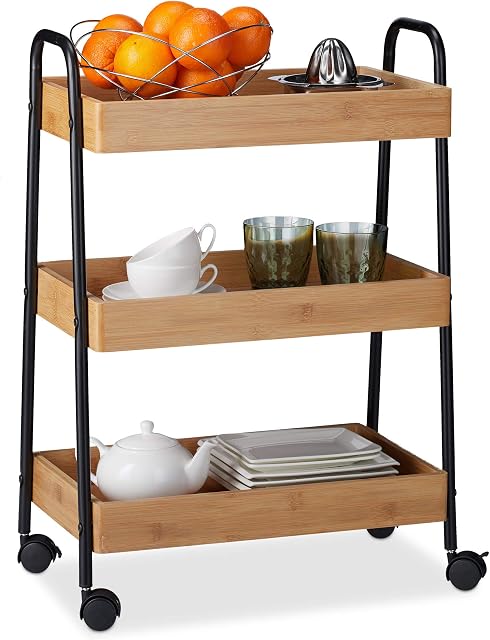 Relaxdays Bamboo Serving Cart, 3 Tiers, 360° Rotating Wheels, Handles, Steel Frame, Engineered Wood, Natural/Black, H x W x D: app. 70 x 49.5 x 28 cm