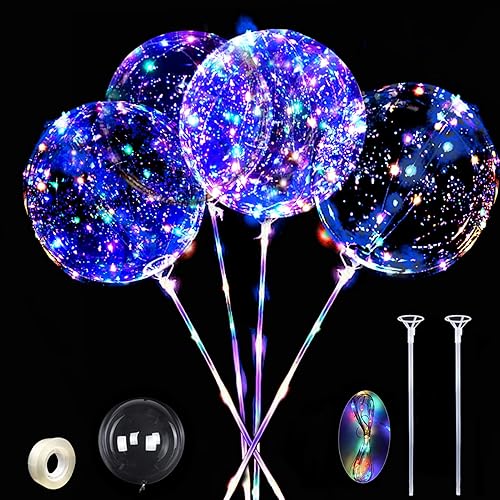 Paquete de 10 globos LED con palos, juego de globos de burbujas de helio Bobo transparentes de 20 pulgadas, globos de neón que brillan en la