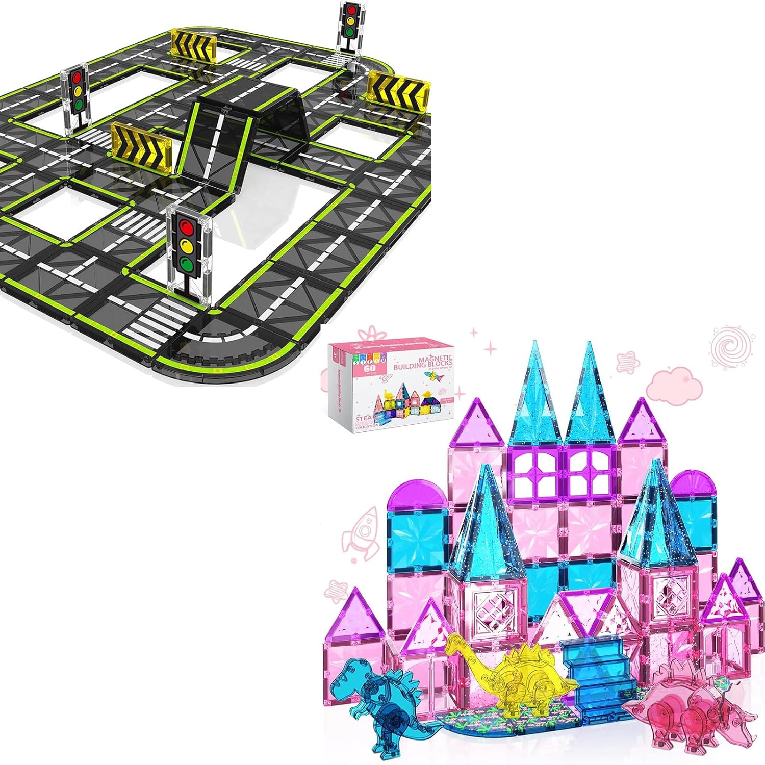 Magnetic Tiles Road Set with Dinosaur Toys, Montessori Educational Magnet Toys for Kids Ages 3+Year Old, STEM Creative Toy for Christmas Birthday Gifts