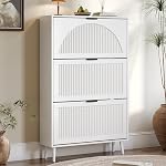 BORNOON Shoe Cabinet for Entryway with 3 Flip Drawers, Slim Wooden Shoe Storage Organizer with Modern Fluted Pannel,Freestanding Narrow Hidden Shoe Rack for Hallway, Foyer, Living Room