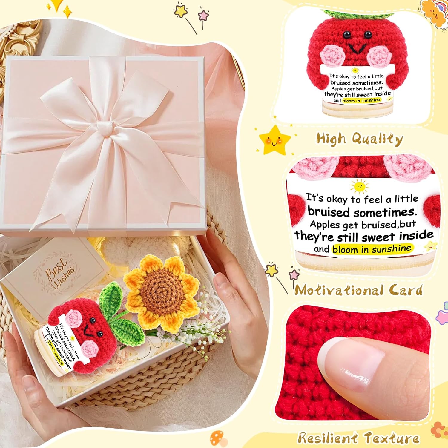 Apple with Sunflower Christmas Thanksgiving Gifts for Her Him Friend Husband Wife, Hand Knitted Emotional Crochet Plants Stocking Stuffers Present for Birthday Anniversary Anxiety Relief - Image 6