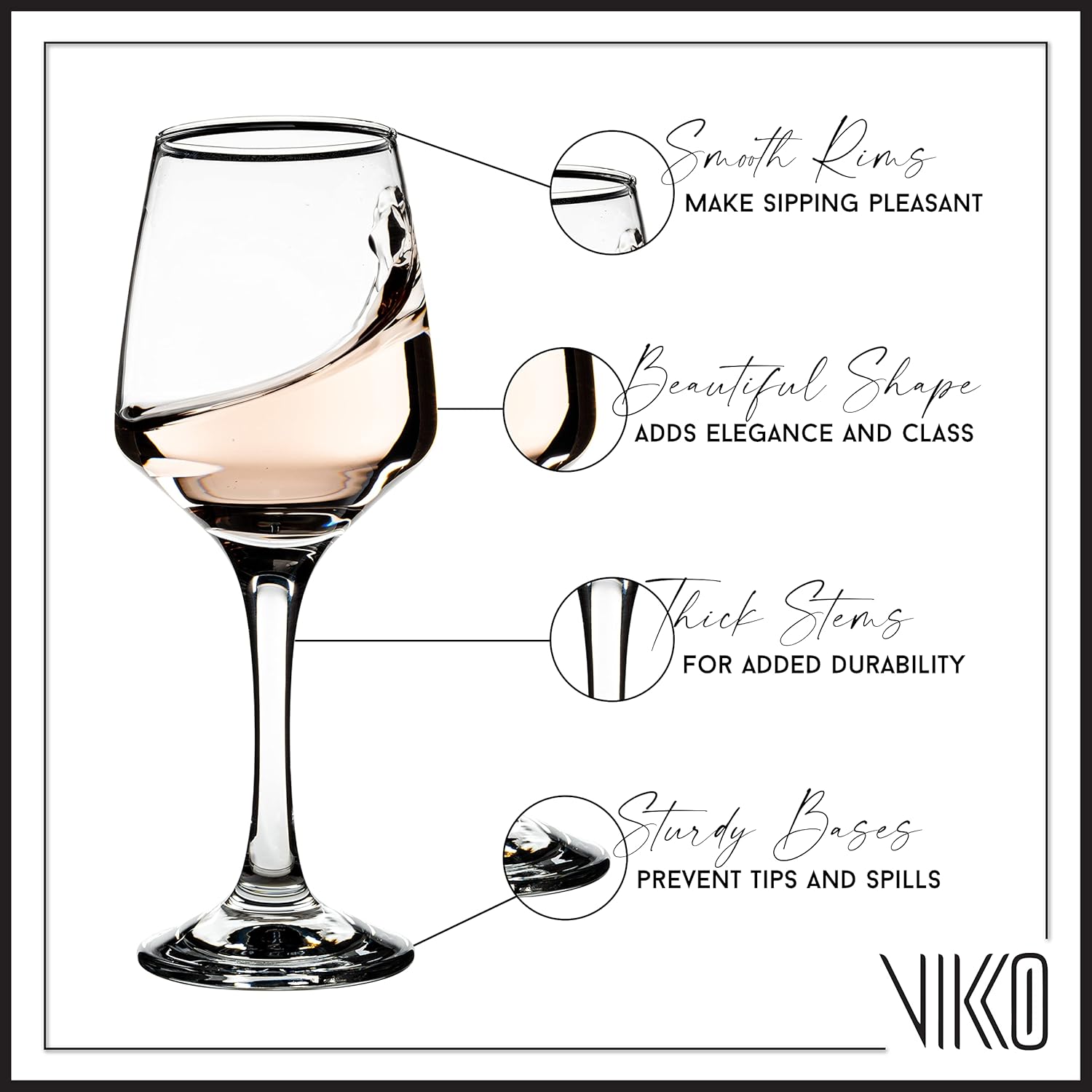 Vikko Stemmed Wine Glasses, 10.5 Oz White Wine Glasses, Set of 6 Long Stem Red Wine Glass Set, Thick and Durable Glass, Dishwasher Safe