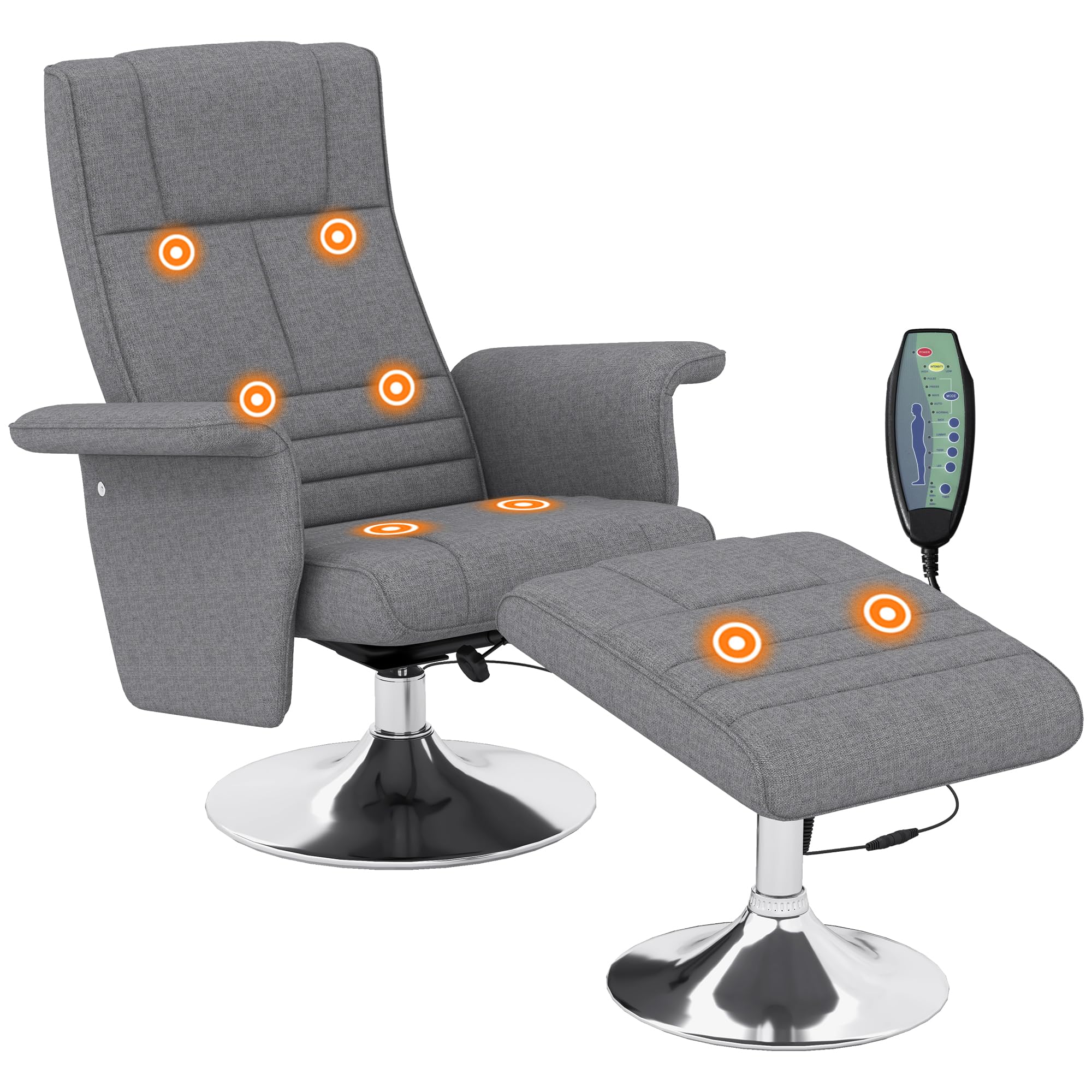 HOMCOM Poltrona Massaggiante a 8 Punti e Reclinabile con Telecomando e Poggiapiedi, Poltrona Relax in Acciaio e Tessuto Effetto Lino, 78x90x93 cm, Grigio Scuro