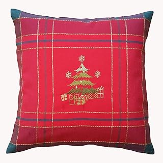 Kamaca Sapin de Noël rouge à carreaux avec broderies charmantes en or et vert - Attire tous les regards en automne, hiver, Noël (housse de coussin 40 x 40 cm).