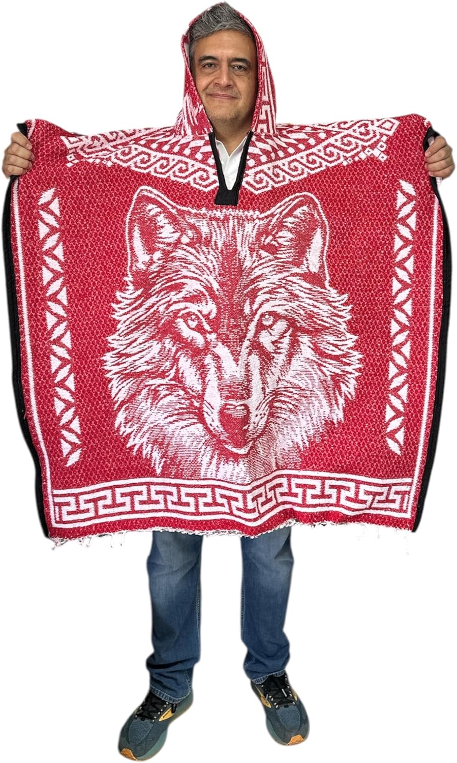 RED AND WHITE, PONCHO, WOLF, HOWLING WOLF, MADE IN MEXICO, GABAN, MEXICO, 1ST QUALITY, SOFT INSIDE, DOUBLE SIDED, TWO DESIGNS, WARM, ONE SIZE FITS ALL, UNISEX