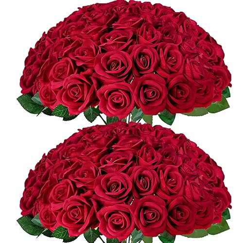 50Pcs Red Roses Artificial Flowers with Stems，Fake Roses Bouquet Fake