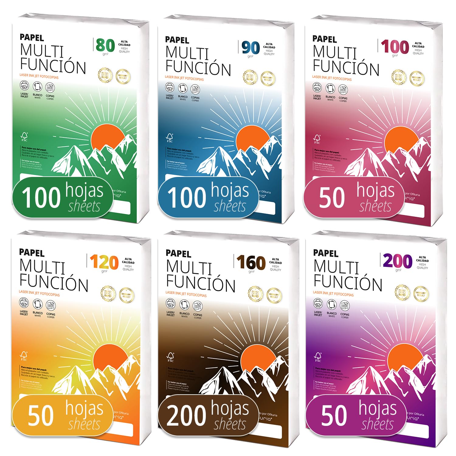 Hojas A4, Papel Multi-Gramaje para Impresora, Escribir, Dibujar o Manualidades, Folios Blancos, Papel A4 para Uso Doméstico, Escolar o Empresarial - Ofituria (Pack Multi-Gramaje 160gr+)