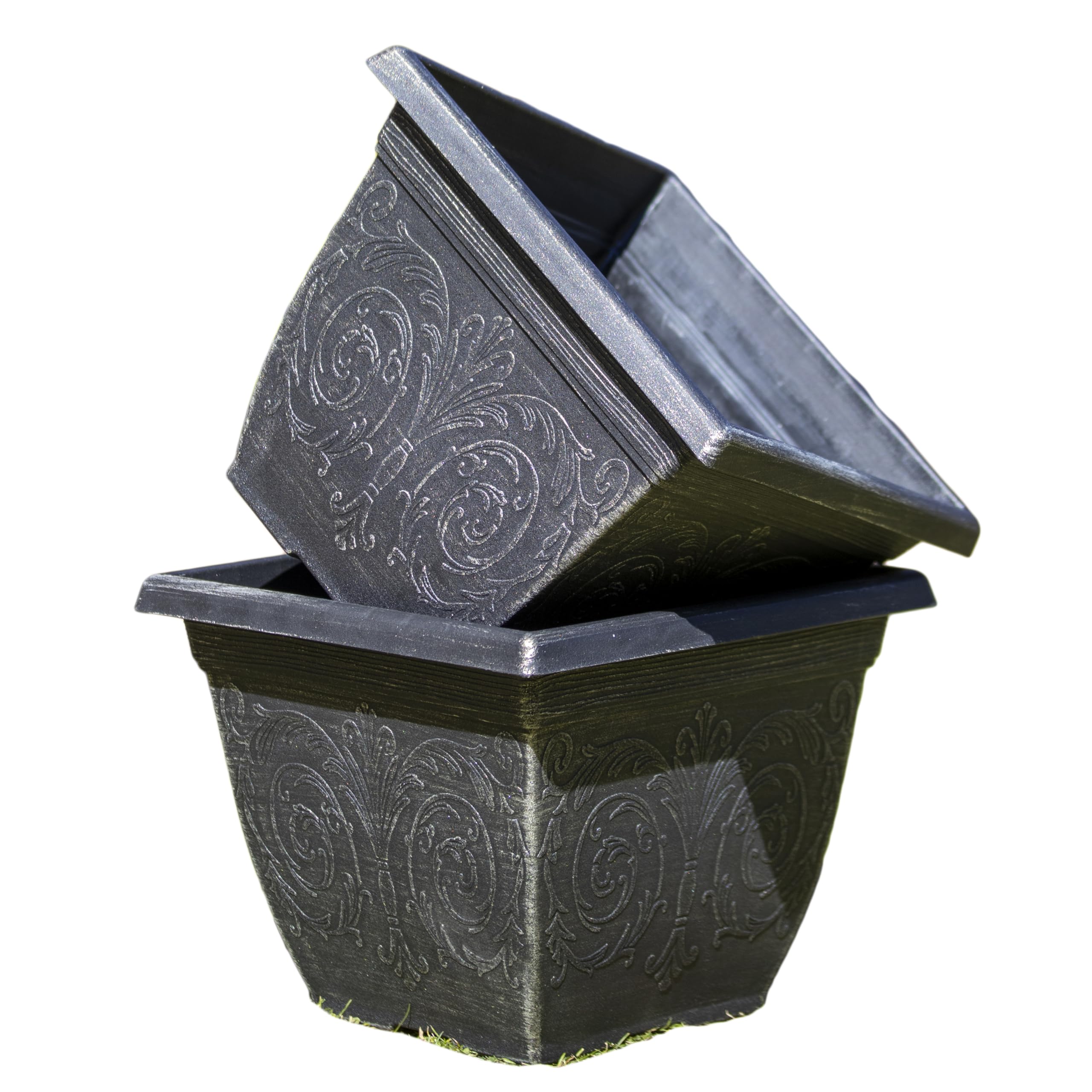 Darthome Brushed Champagne, Black Square Arabesque Plastic Planter, Black With Brushed Champagne Finish, Embossed Scrollwork Pattern, 7.3L, W25cm X H20cm (2)