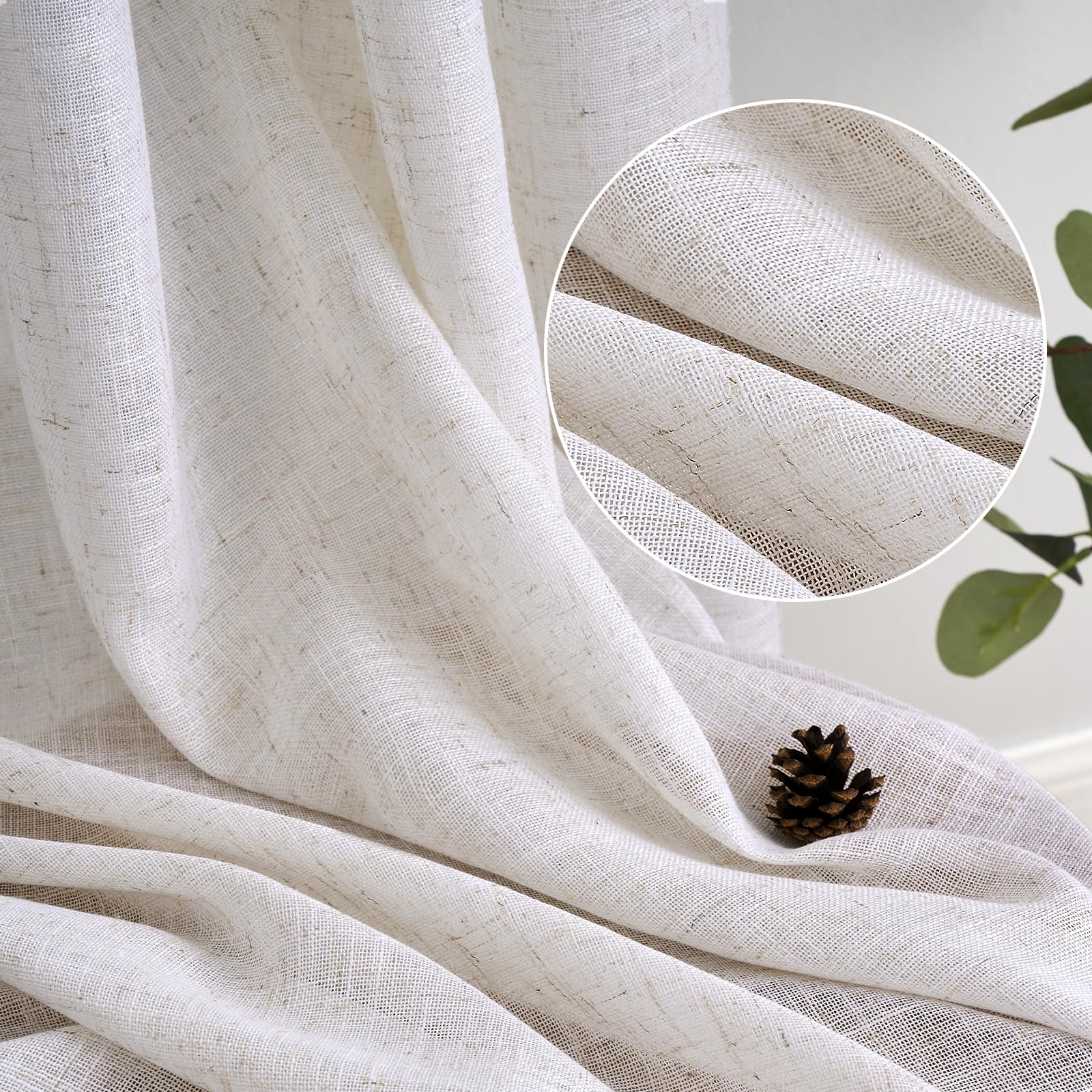 Woaboy Tende per Interni Lino Fettuccia 2Pz 140x270cm Bianco sbiancato | Tessuto effetto lino traslucido, tende decorative per soggiorno e camera da letto, filtrano la luce.