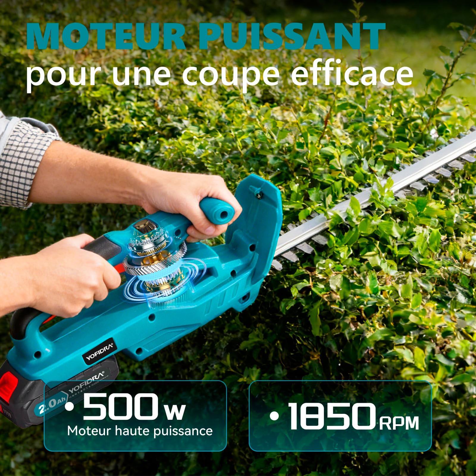Yofidra Taille Haie Batterie, avec 2 Batteries 2.0Ah, 50cm Coupe Longueur | Taille-Haie Électrique sans Fil, Lames Double Action 15mm, Taille Haie Léger avec Housse de Protection