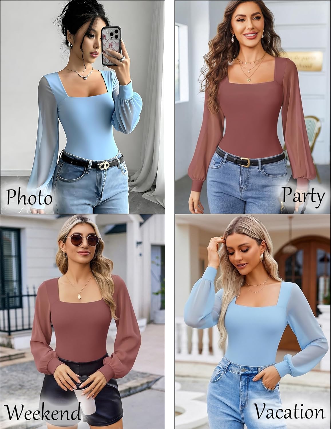 Avidlove Women Puff Long Sleeve Bodysuit Mesh Square Neck Thong Sexy Body Suits Double Lined Leotards - Image 5