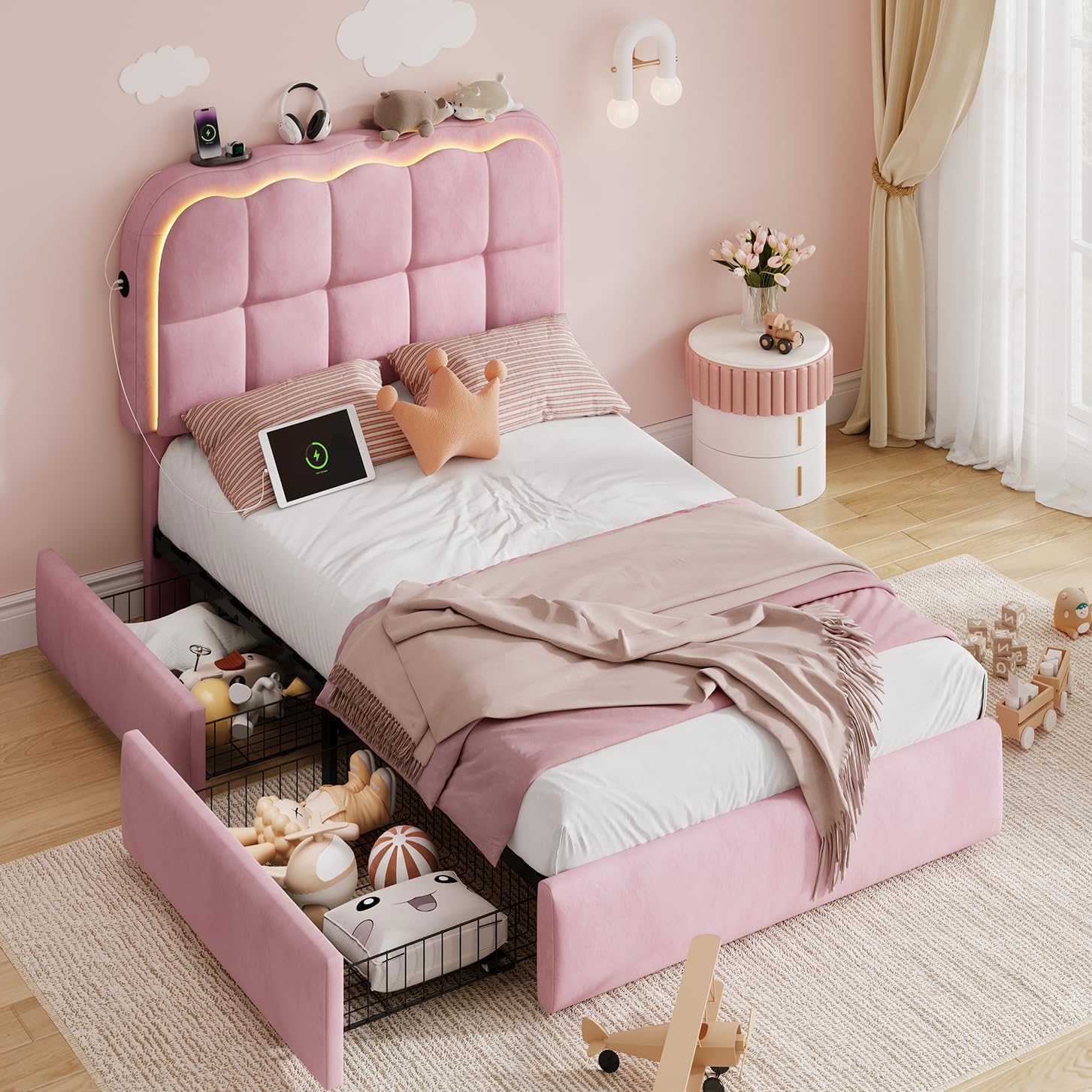 Twin Upholstered LED Bed Frame with 2 Storage Drawer and Adjustable Chic Clouds Headboard Velvet Twin Princess Platform Bed for Kids/Girls/Boys, Wood Slats Support, No Box Spring Needed,Pink