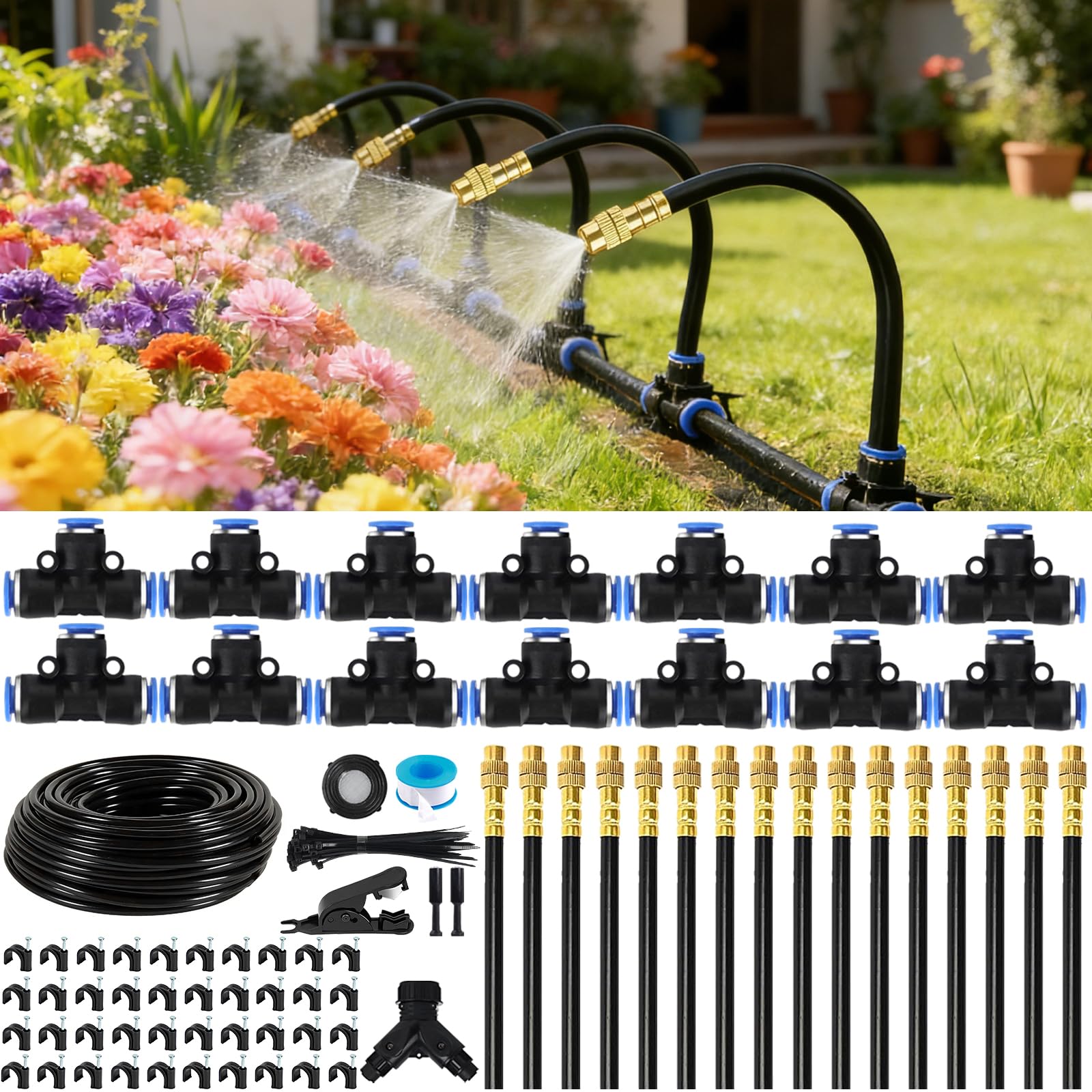 360° Adjustable Irrigation System Kit, Automatic Drip Garden Watering System with Quick-Connect 30M / 100FT Hose, 16PCS Brass Nozzles for Lawn, Plants & Greenhouse