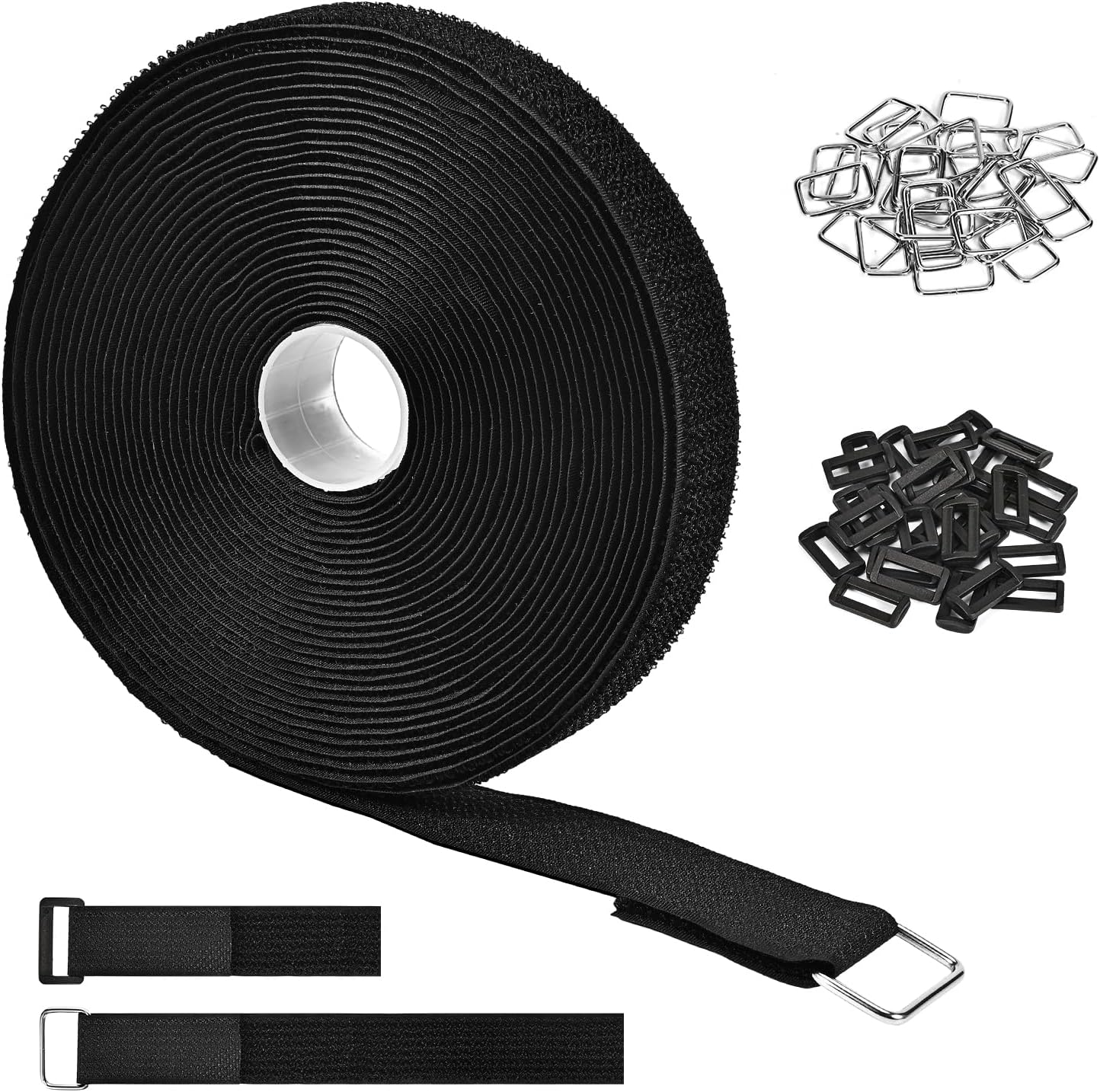 1" x 39ft Nylon Hook and Loop Straps Roll with 30 Metal & 30 Plastic Buckles, Adjustable Reusable Cut-to-Length Ties for Home Office Garage Organization, Black