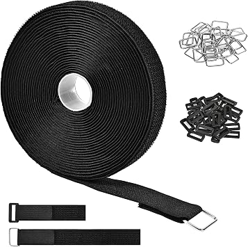 1" x 39ft Nylon Hook and Loop Straps Roll with 30 Metal & 30 Plastic Buckles, Adjustable Reusable Cut-to-Length Ties for Home Office Garage Organization, Black