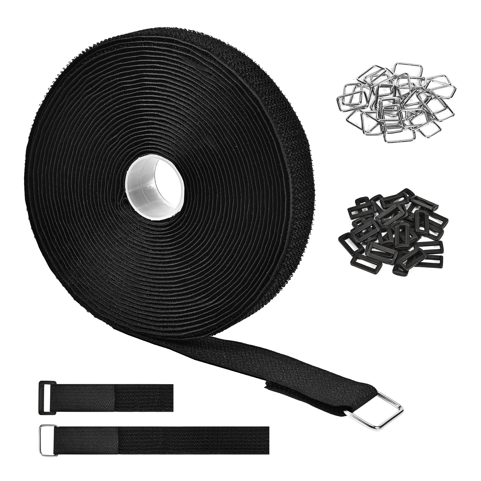 Hook and Loop Straps 1 Inch x 39ft with 60 Buckles, Cut to Length, Black