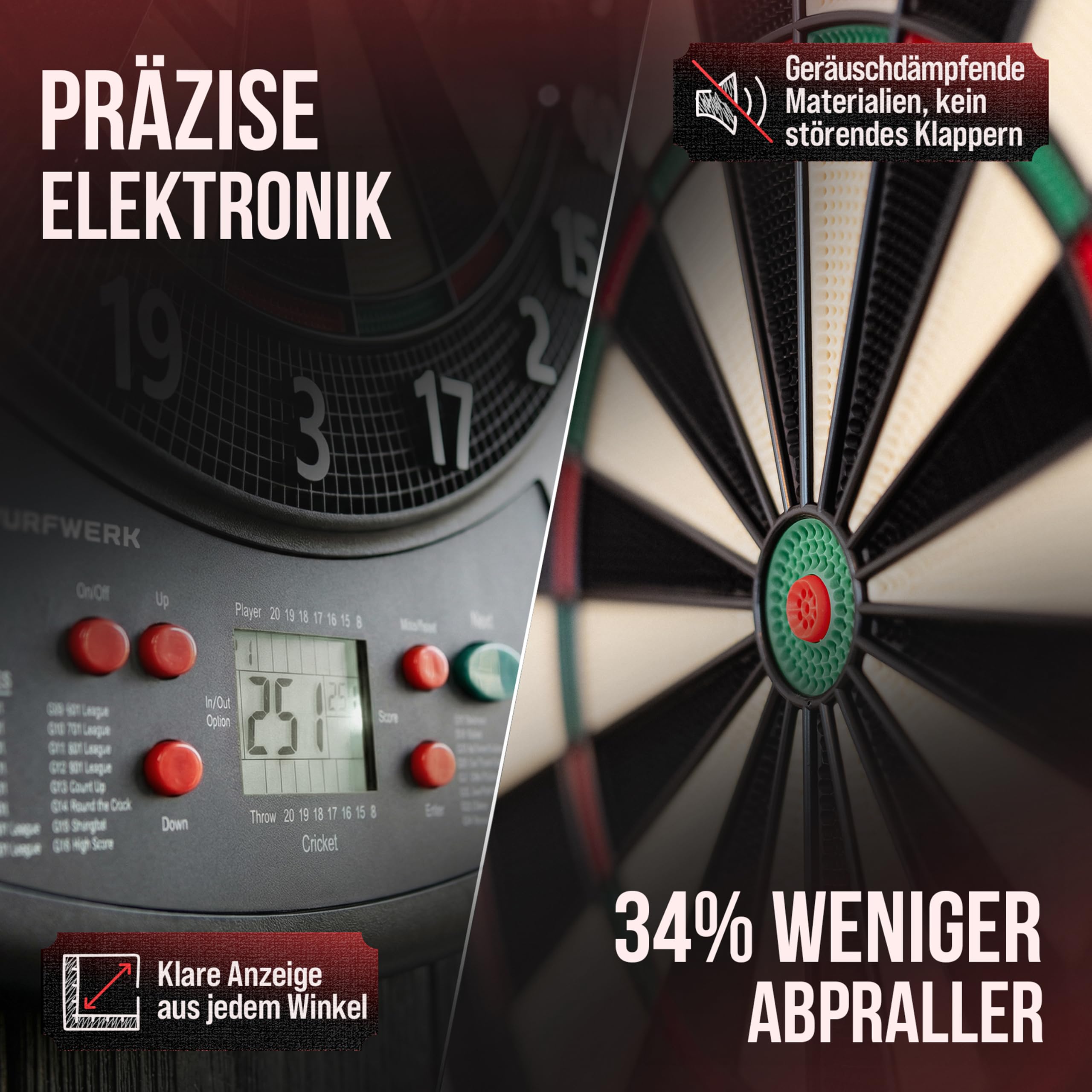 Bersaglio elettronico – [ Lo standard di torneo] – Bersaglio professionale E tedesco – Set completo con freccette, bersaglio elettronico – utilizzabile senza fili – bersaglio morbido