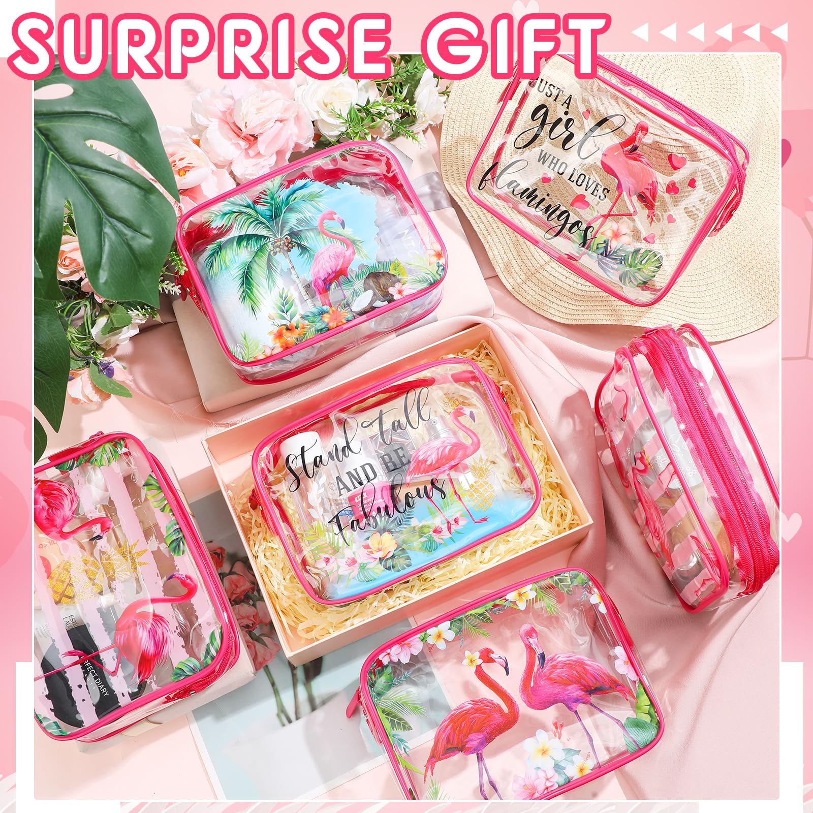 Transparente Make-up-Taschen mit Flamingo-Muster für Damen, adrette Kosmetiktaschen mit Reißverschluss, rosa Lächeln, Blitz, Sommer, transparent, PVC, wasserdicht, Reise-Kulturbeutel für