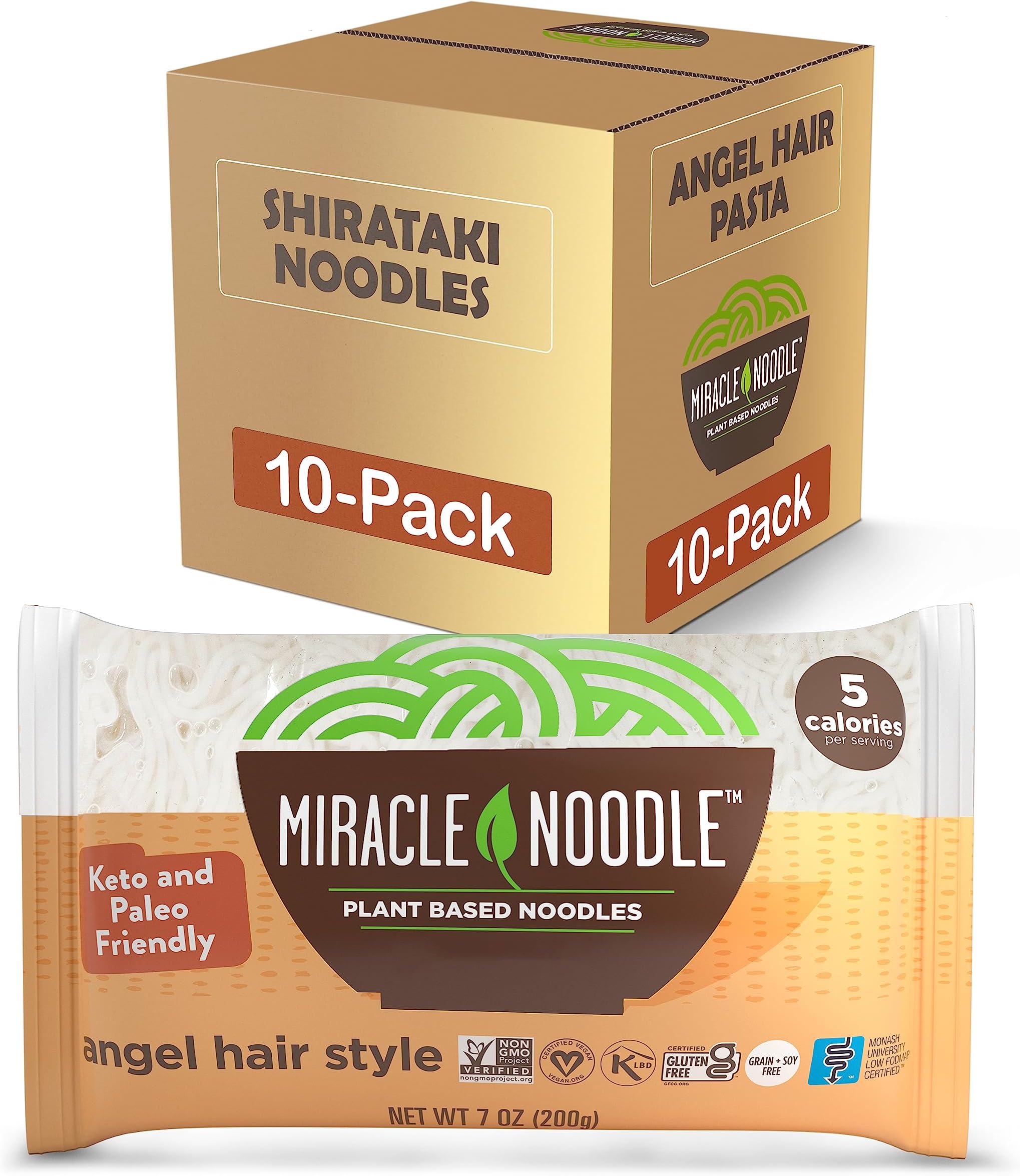 Miracle Noodle Angel Hair Pasta, 7 Oz (Pack of 10), Plant Based Shirataki Konjac Noodles, 5 Calories, 1g Net Carbs Per Serving, Keto, Gluten-Free