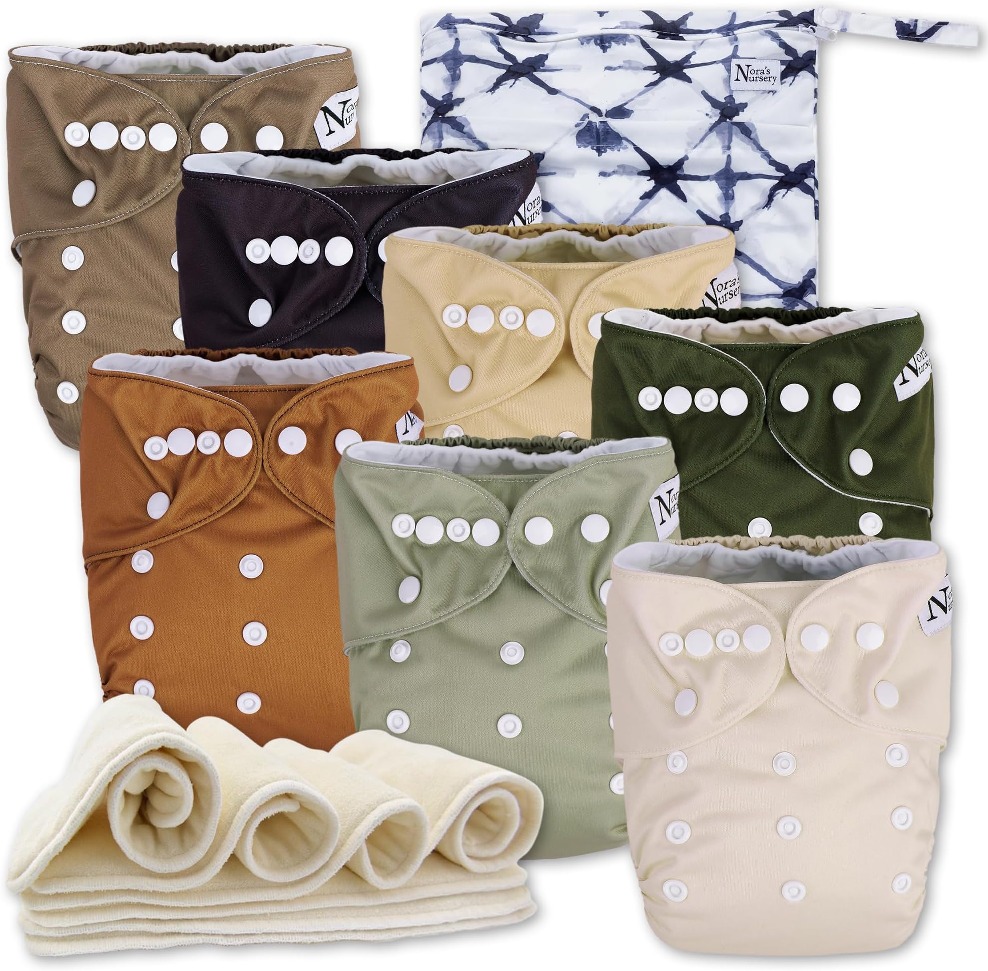 Nora's Nursery Cloth Diapers for Babies (Down to Earth) – 7 Adjustable Baby Reusable Diapers, 7 Inserts & 1 Wet Bag From Newborns to Toddlers – One-Size Pocket No-Leak, Washable Design to Reduce Waste