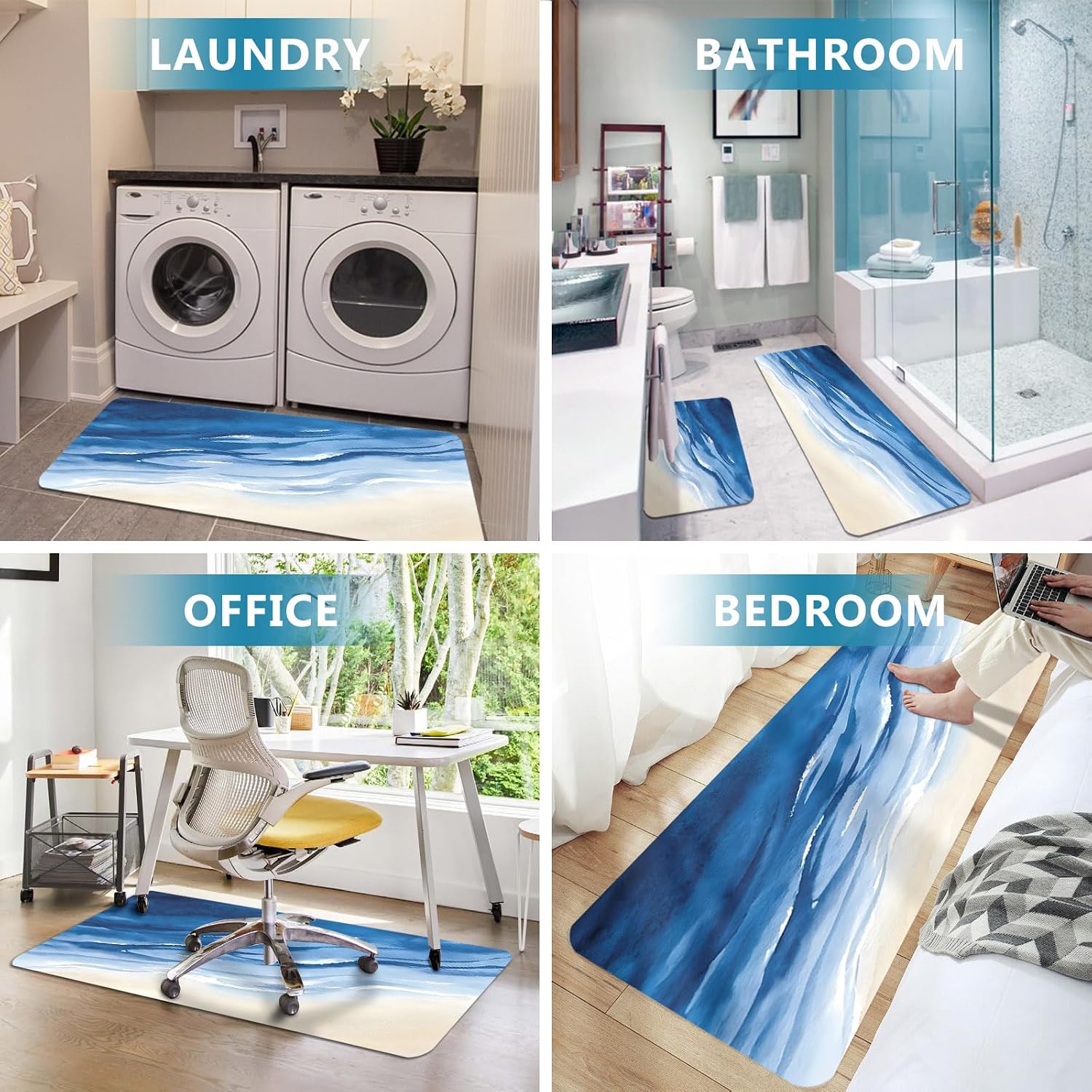 Navy Summer Beach Kitchen Mats Set of 2 Coastal Nautical Ocean Waves Watercolor Non Slip Mat Washable Floor Rug for Kitchen Sink Floor Laundry, 23.6"x35.4"+23.6"x70.9"